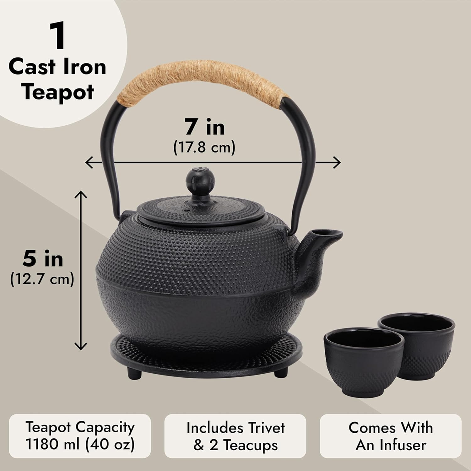 Juvale Cast Iron Teapot - 1200 mL, Black, 2 Cups - Japanese Tea Set with Stainless Steel Infuser & Stovetop Kettle for Loose Leaf Tea
