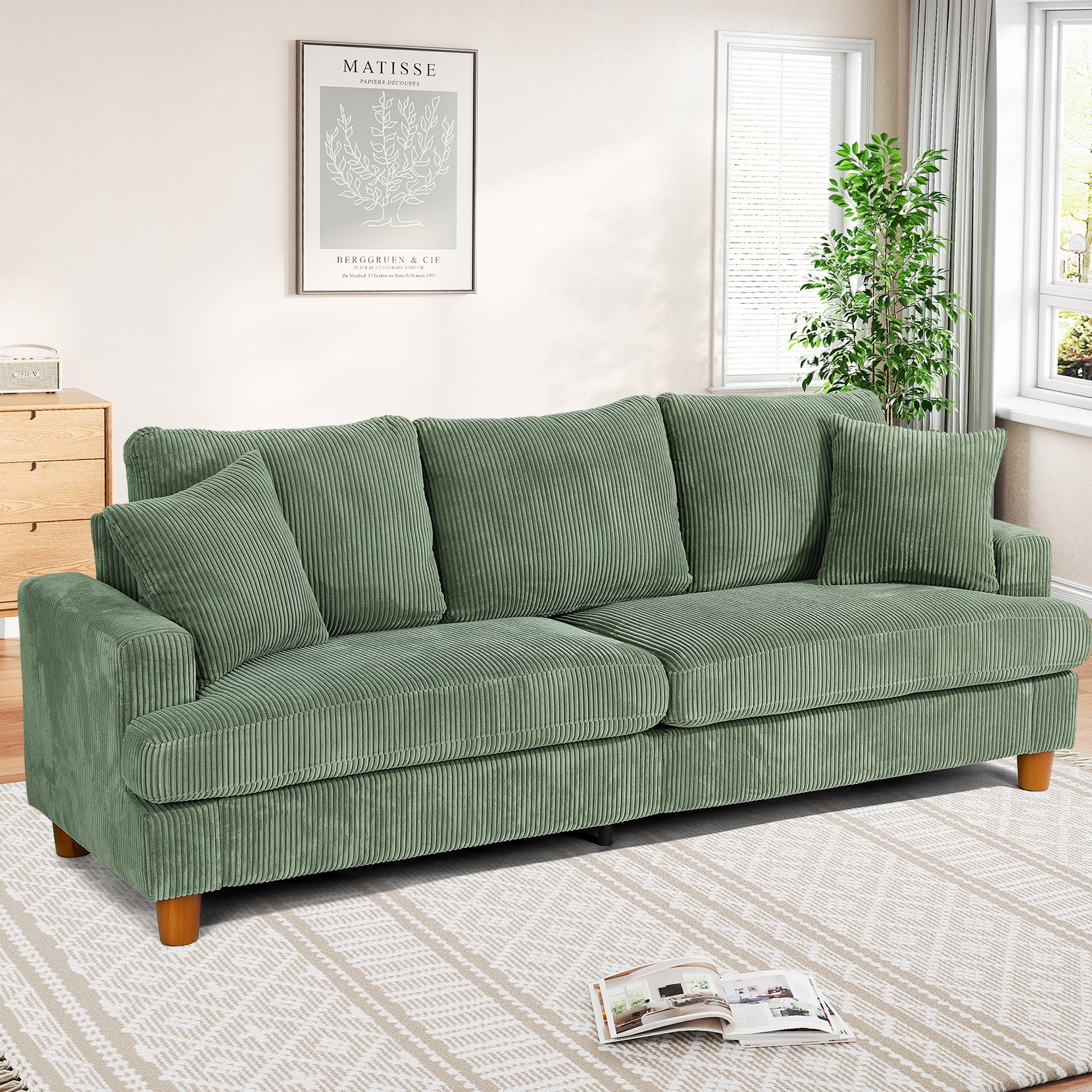 87" Corduroy Sofa,3 Seater Sofa with Extra Deep Seats,Neche Comfy Upholstered Couch for Living Room,2 Pillows,Green - Image 8