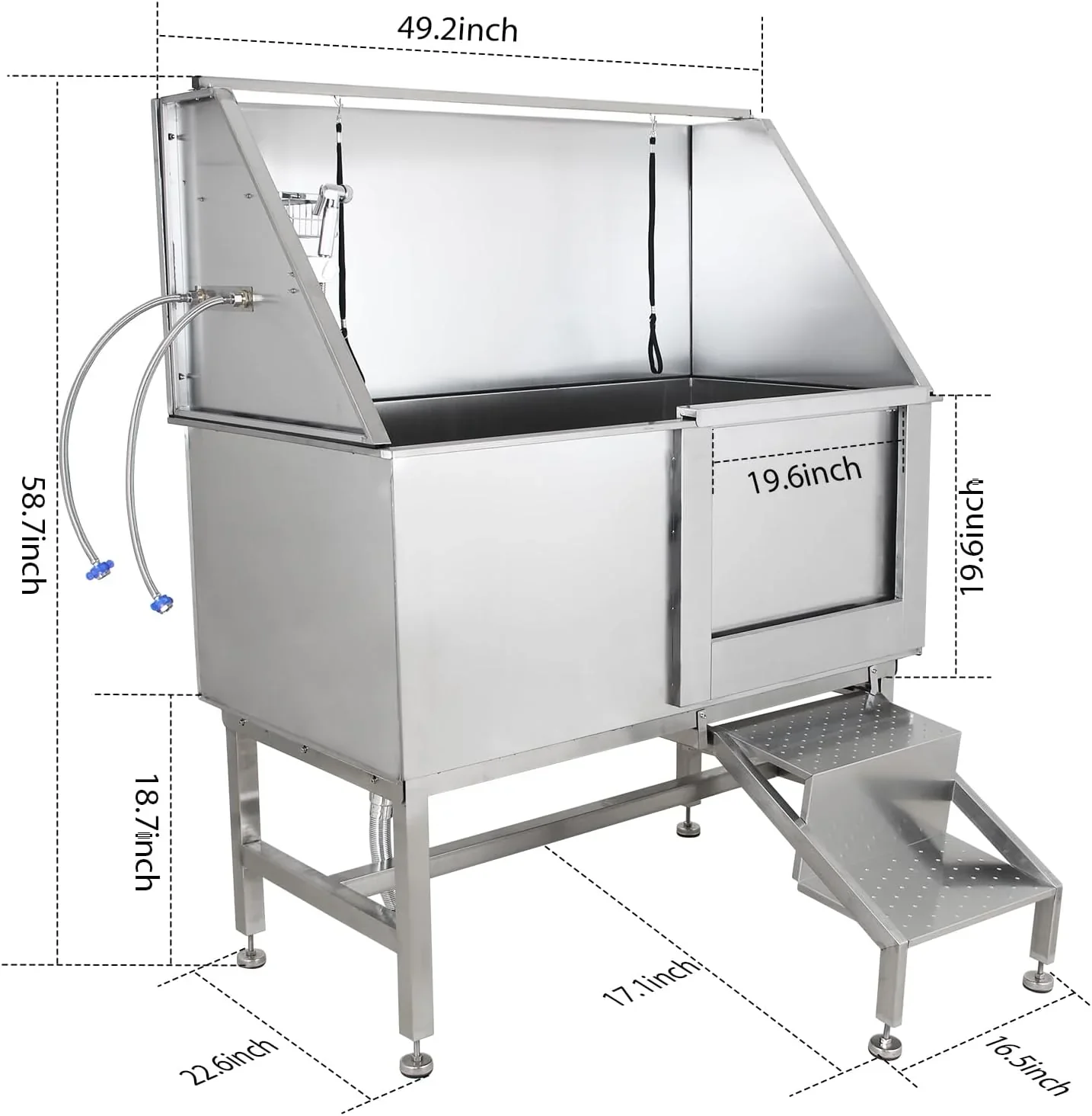 Professional Stainless Steel Dog Grooming Tub with Ramp, Faucet & Sprayer – 50” Pet Wash Station