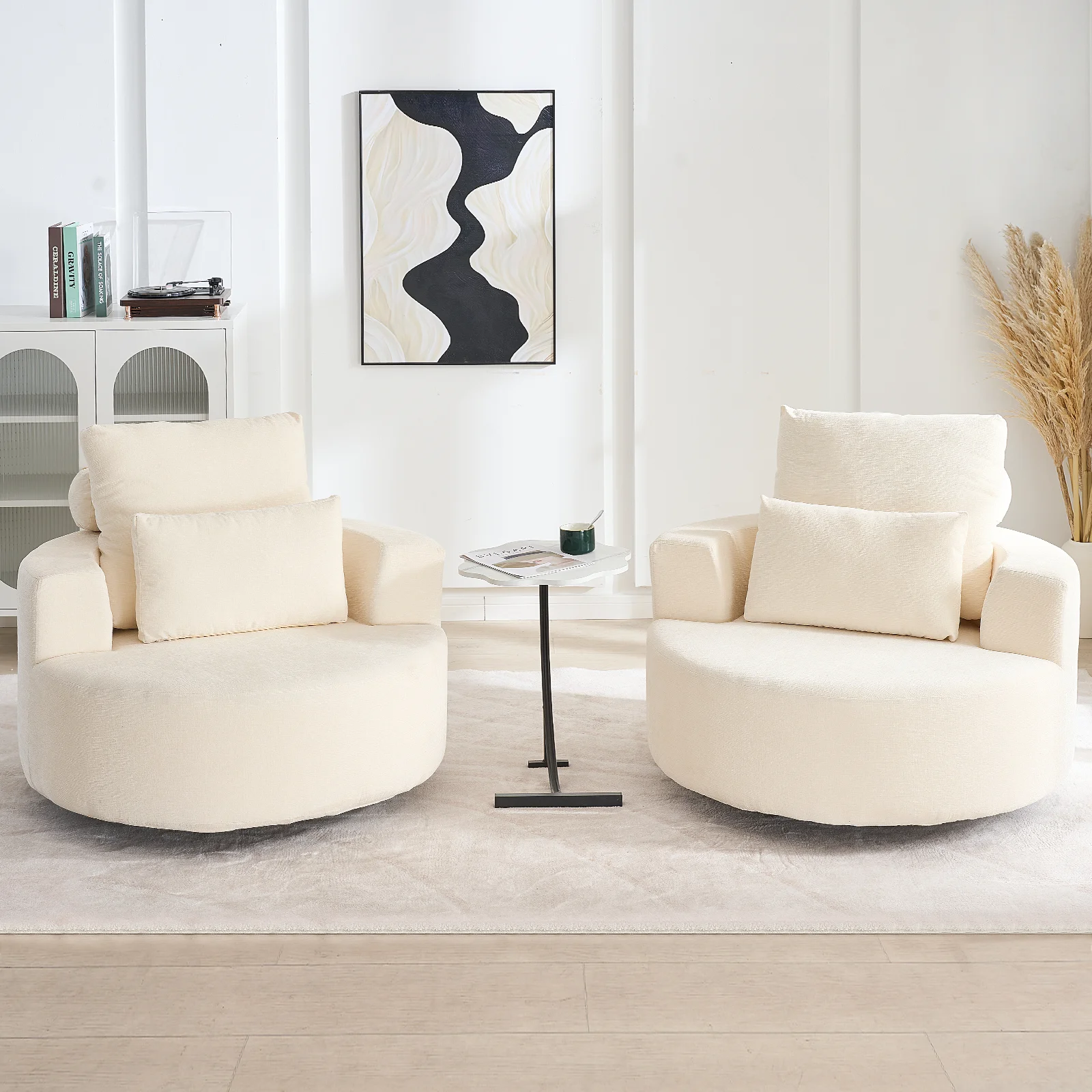 Fumahaus Upholstered Swivel Accent Chair, Oversized Comfy Round Sofa Chair with Two Pillows, Leisure Sofa Chair for Living Room Bedroom, Beige - Image 13