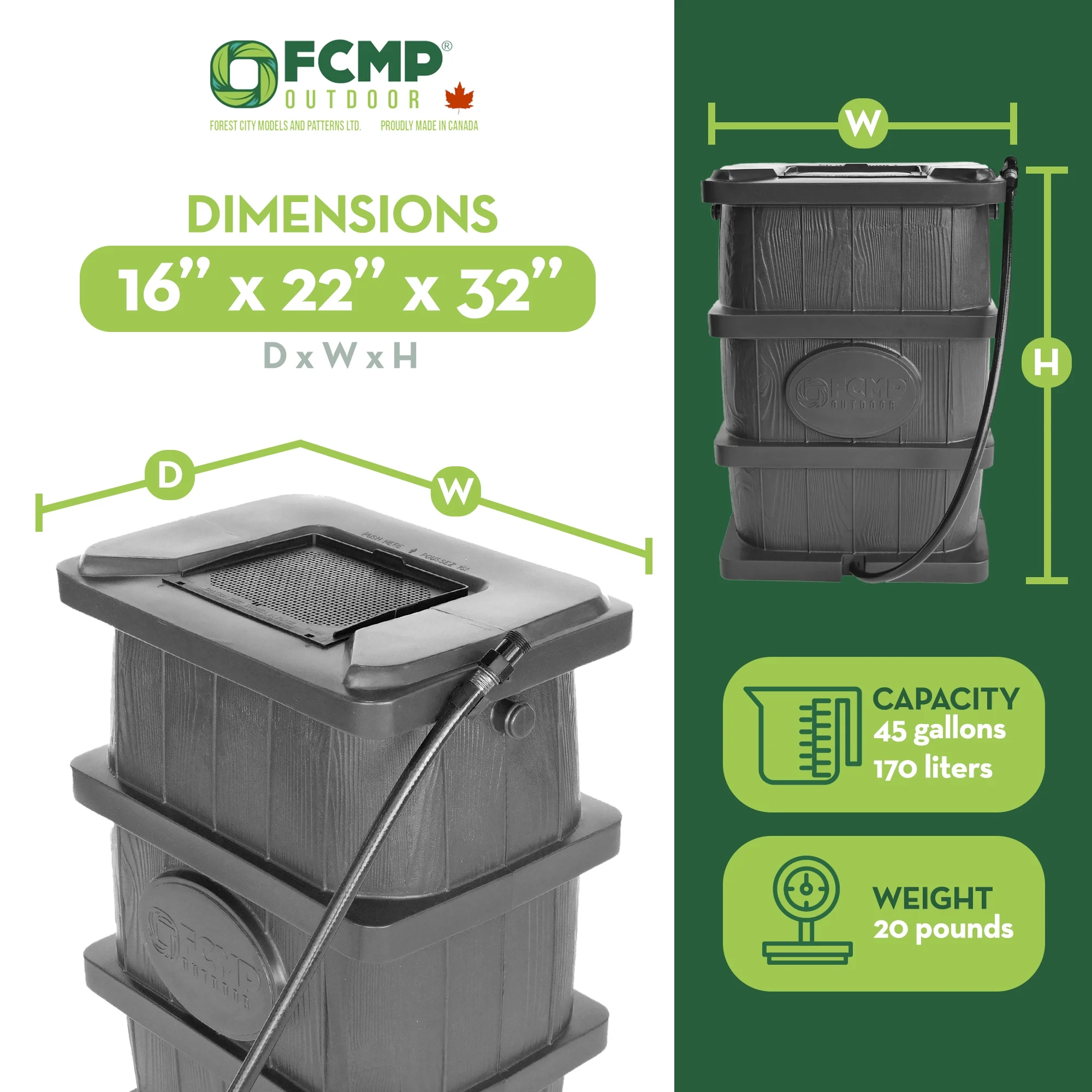 FCMP Outdoor WG4000-GRY Home Outdoor Wood Grain Rain Water Catcher Barrel - Image 2