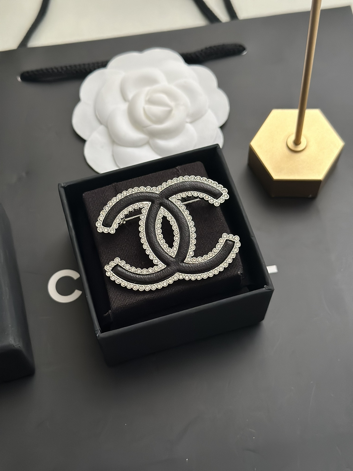 Chanel Paved Diamond Black Leather CC Brooch - Original Replica Club