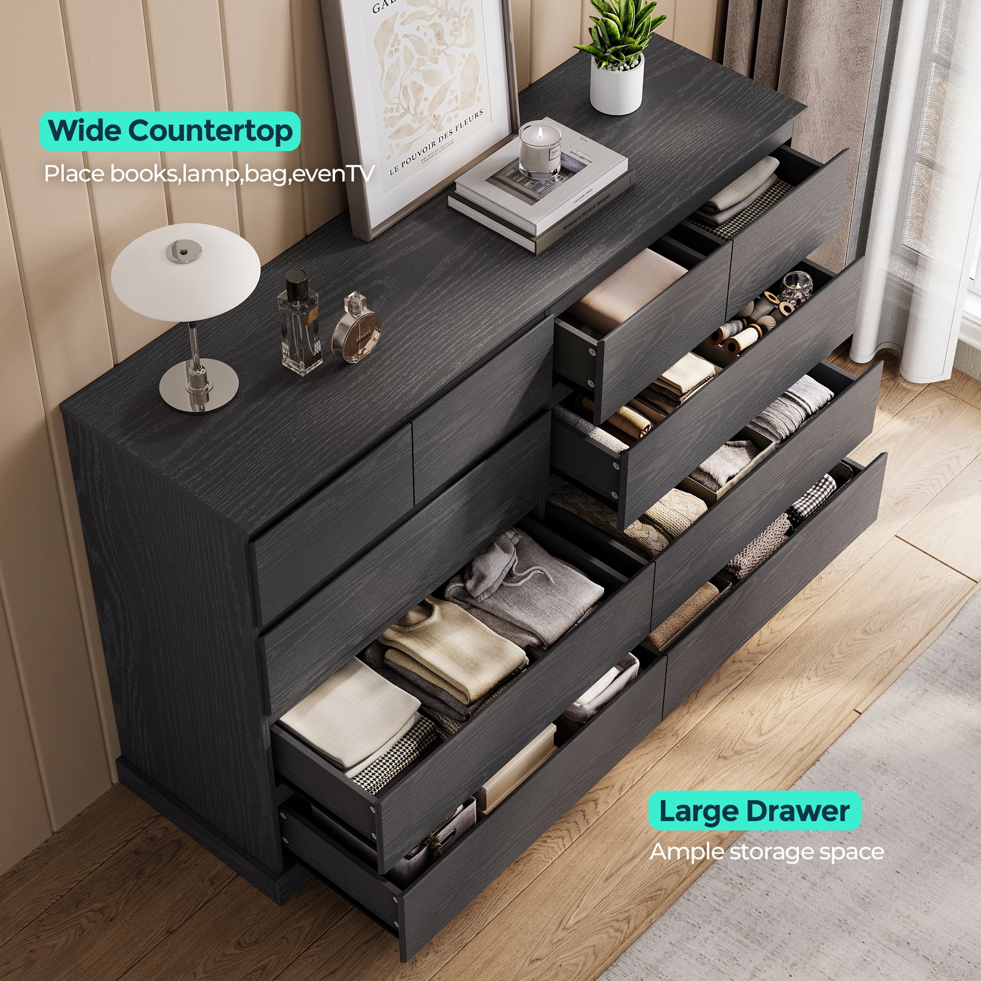Linsy Home Modern Wood Dressers for Bedroom, Wide Chest of 9 Drawers, White - Image 14