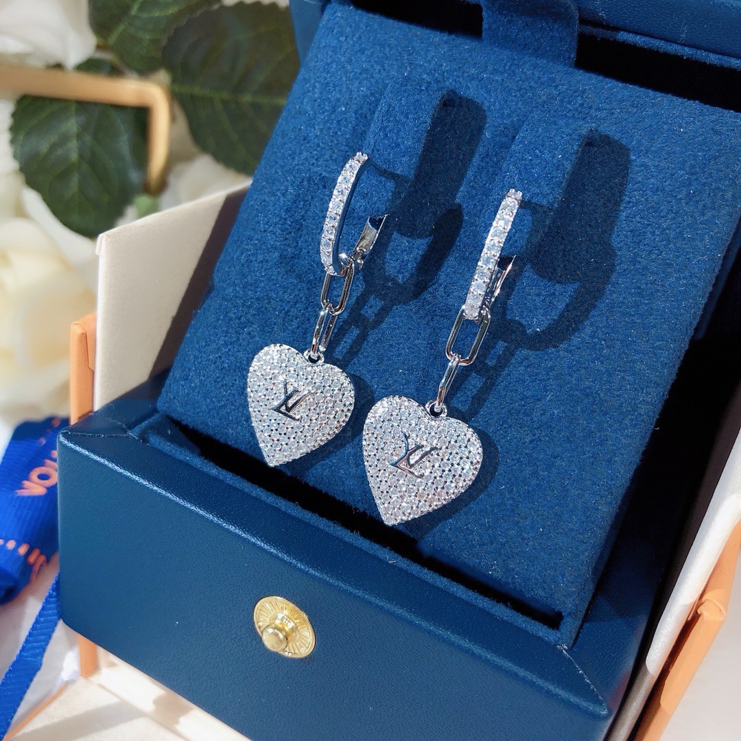 Louis Vuitton Full Diamond Hoop Heart Dangle Earrings - Original Replica Club