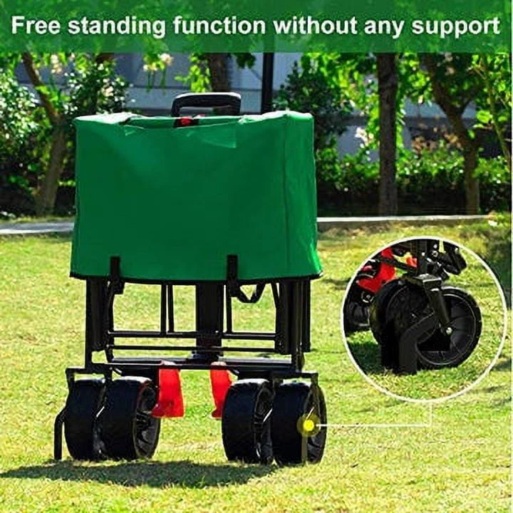 BEAU JARDIN Folding Wagon Cart With Brake Free Standing Collapsible Utility Camping Grocery Canvas Fabric Sturdy Portable Rolling Buggies Outdoor Garden Sport HeavyDuty Shopping Cart Push Wagon Green - Image 4