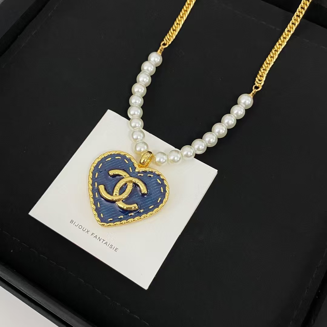 Chanel Denim Heart Double C Pendant Pearl Necklace - Original Replica Club