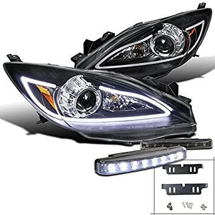 Mazda 3 JDM Black LED DRL Strip Projector Headlights With 8-LED DRL Fog Lights - 10-13