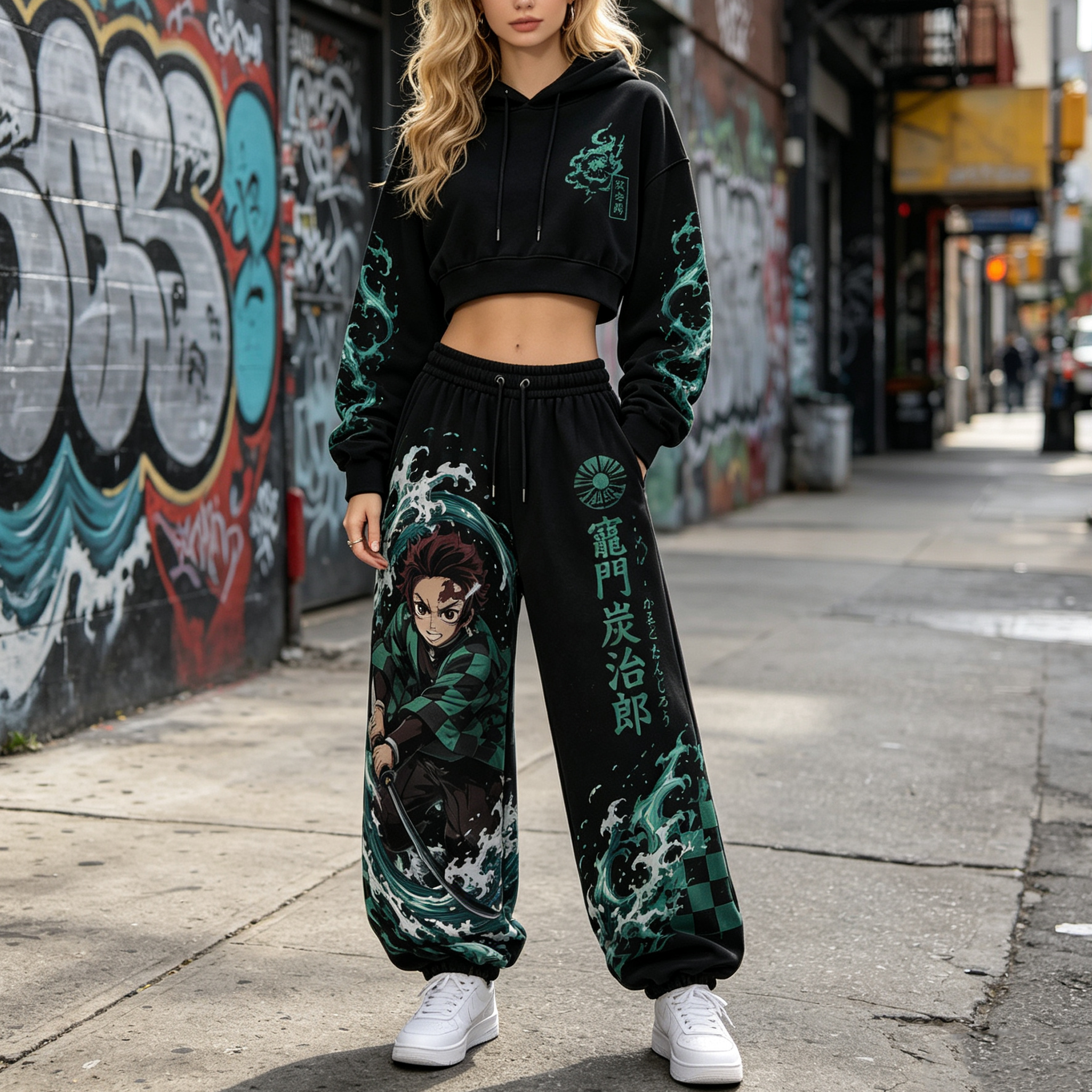 Demon Slayer Cropped Long Sleeve Hoodie & High Waist Jogger Pants Two Piece TeeThreads Sustain the Scene with Custom Apparel