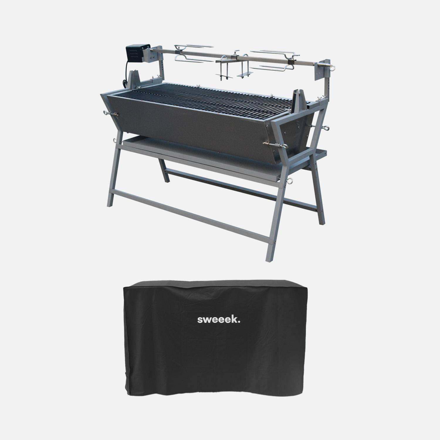 Mathurin con funda - Asador de carbón motorizado inclinable de acero inoxidable con espetón y funda