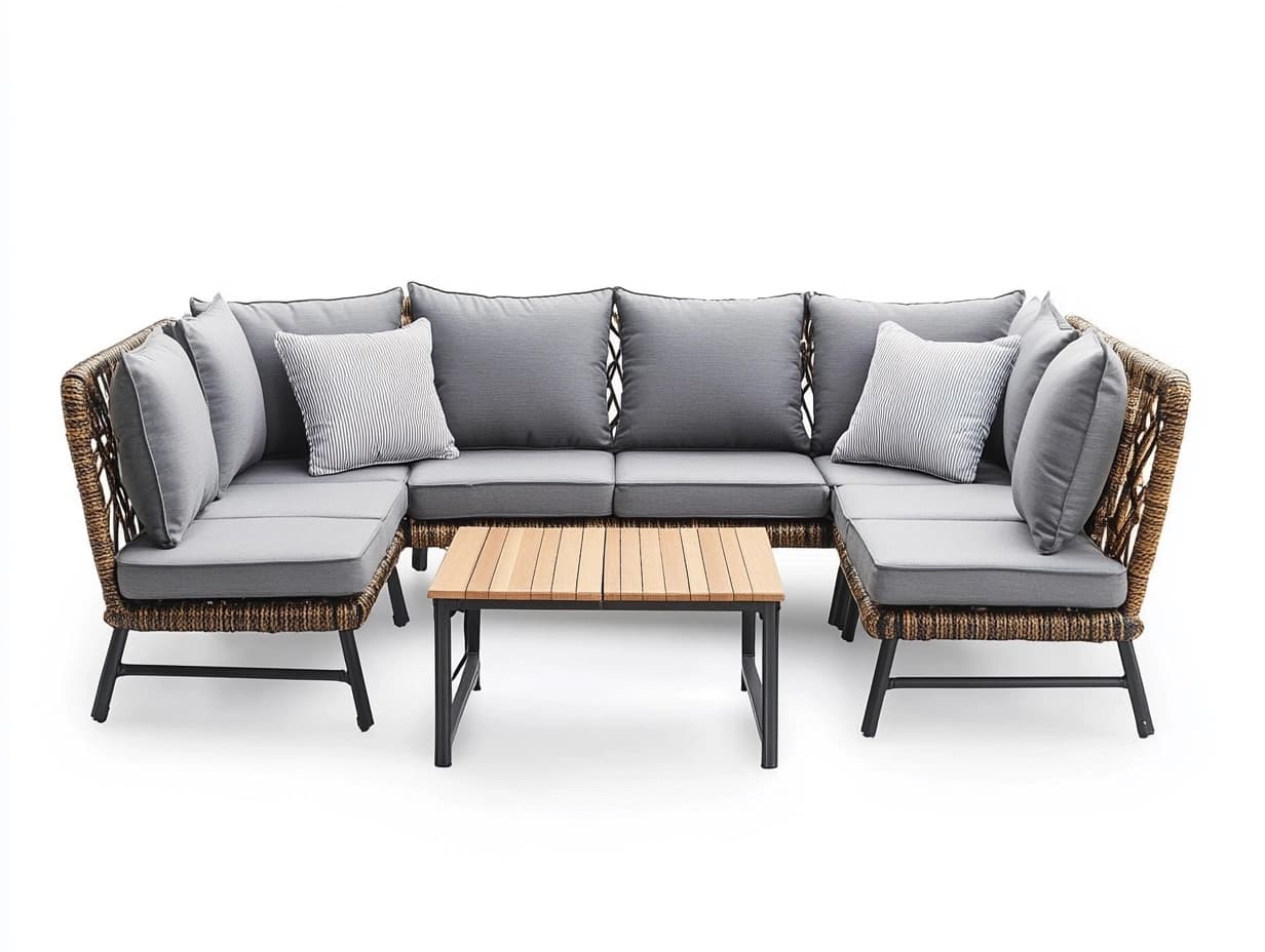 Conjunto de Sofá Seccional en Forma de L de Exterior 5 Piezas Mimbre Sintético Cojines Grises Mesa Centro Rectangular Madera
