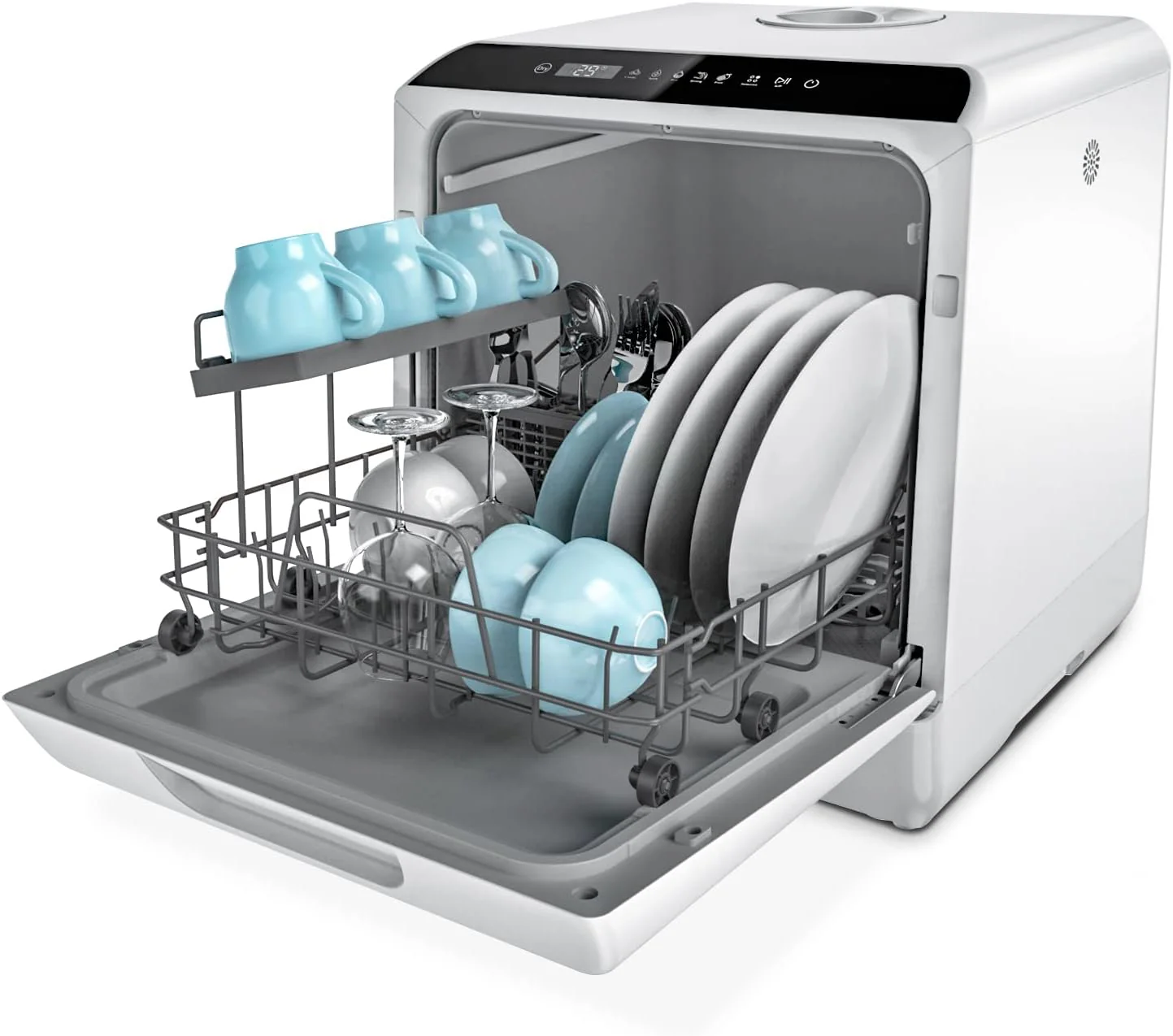 Hermitlux Countertop Dishwasher, 7 Washing Programs Portable Mini Dishwasher with 5-Liter Built-in Water Tank for Apartments & RVs, LED Light, Glass Door, No Hookup Needed