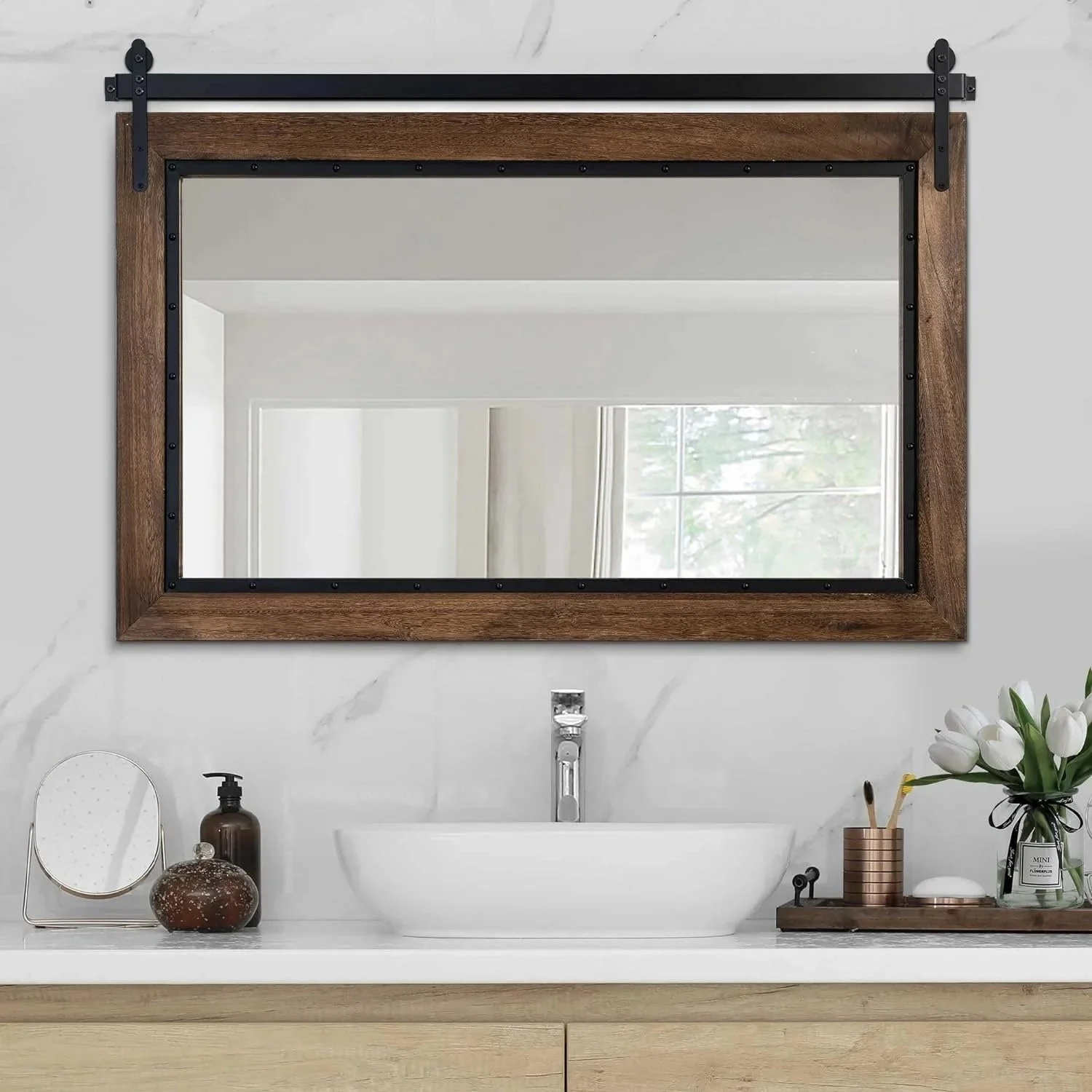 COSMOGO Farmhouse Barn Door Style Natural Wood Bathroom Vanity Wall Mirror 24 x 32 in - Image 8 COSMOGO Farmhouse Barn Door Style Natural Wood Bathroom Vanity Wall Mirror 24 x 32 in - Image 8