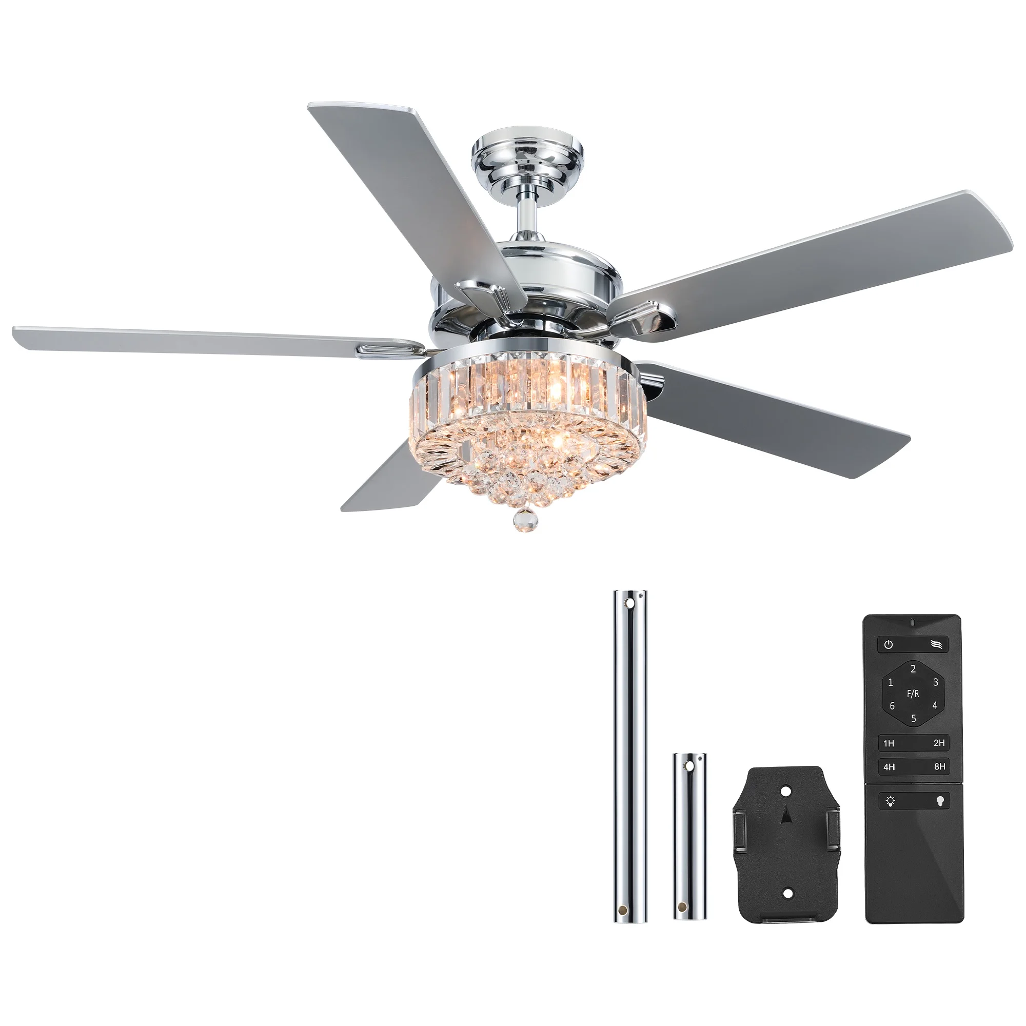 Bestco 52" Chandelier Crystal Ceiling Fan with Light 6 Speeds 5 Dual Sided Blades Chrome - Image 2