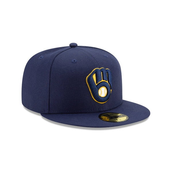 Right angled front view of New Era Milwaukee Brewers Authentic Collection 59FIFTY cap with navy crown and visor.