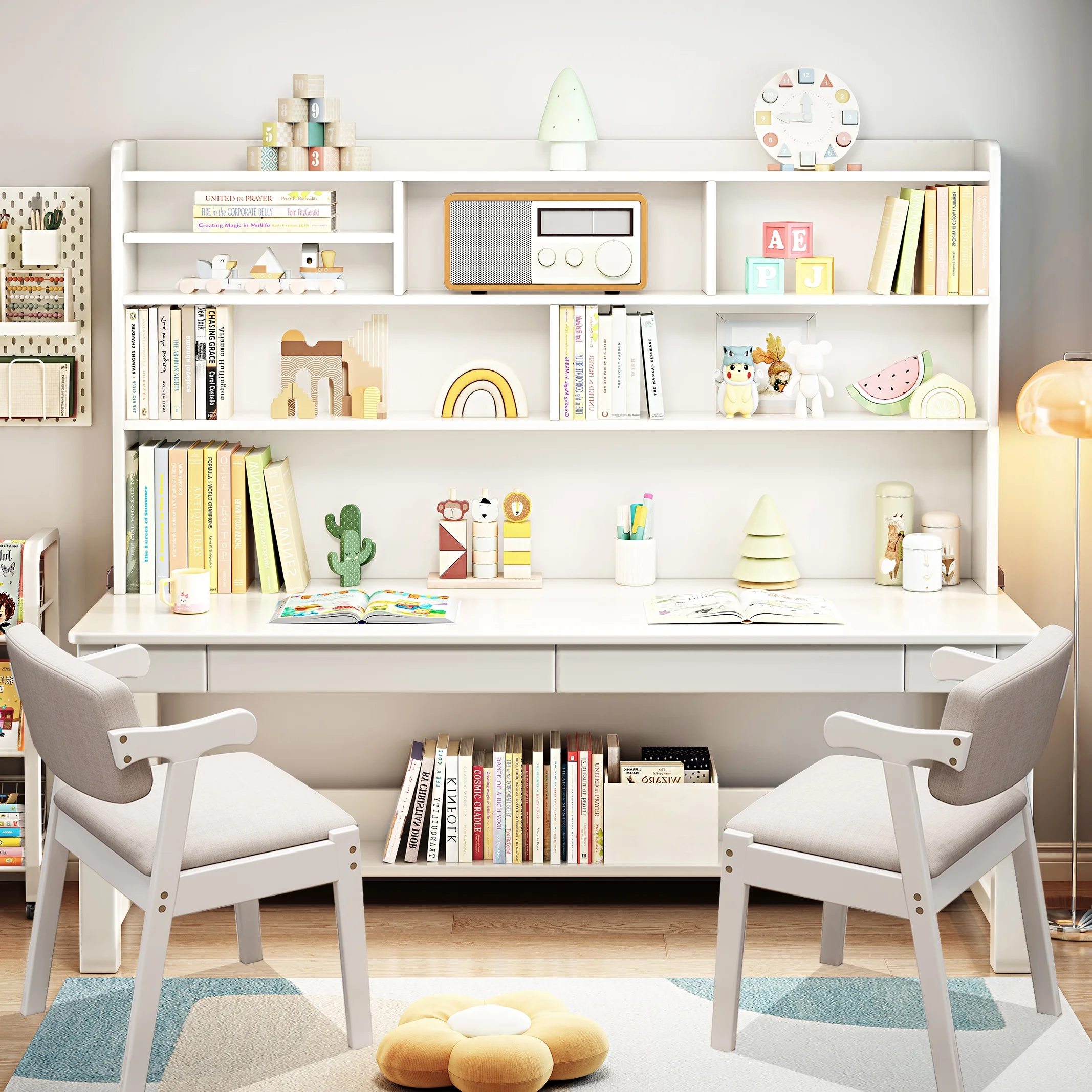 BALANBO Solid Wood Kids Desk and Chair Set with Hutch,Study Computer Desk with Drawers, Extra Large Two Person Study Desk Writing Table, Student White Desk with Bookshelf for Bedroom,Study Room,White - Image 4