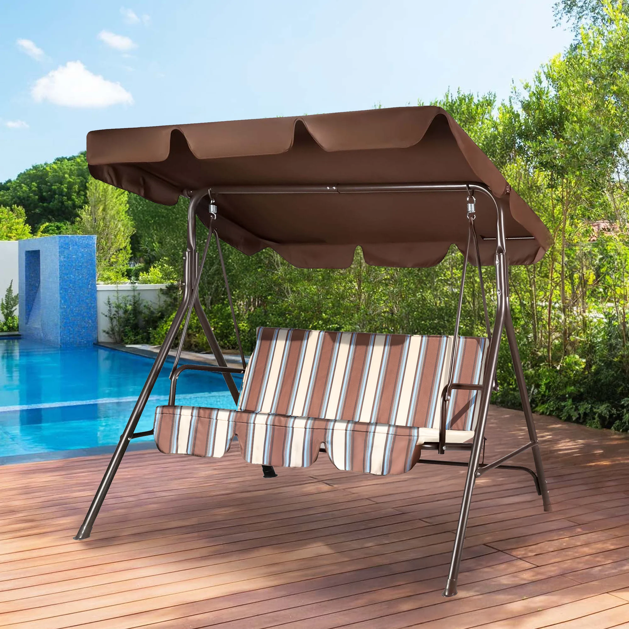 GVDV 3-Seat Steel Porch Paito Swing with Stand,Outdoor Swing Chair with Canopy,Yard swing&Outside swing,Canopy Swing-Brown - Image 17