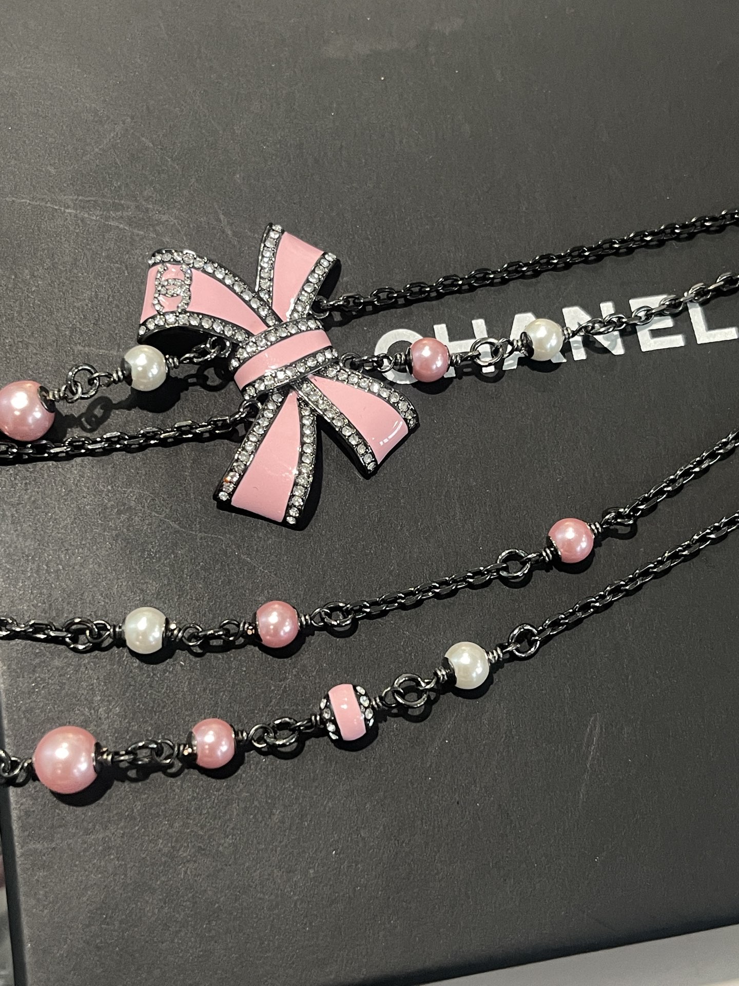 Chanel Two Layers Pink Bow Pearl Necklace - Original Replica Club