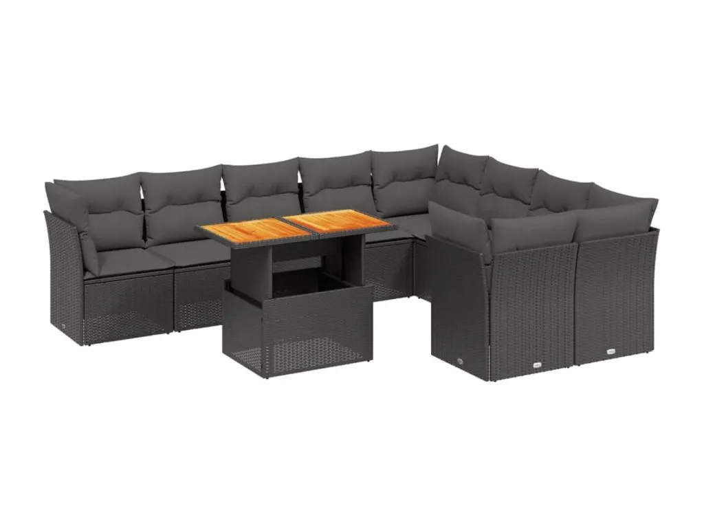 Micasacool Set de sofás de jardín 10 pzas cojines ratán sintético negro
