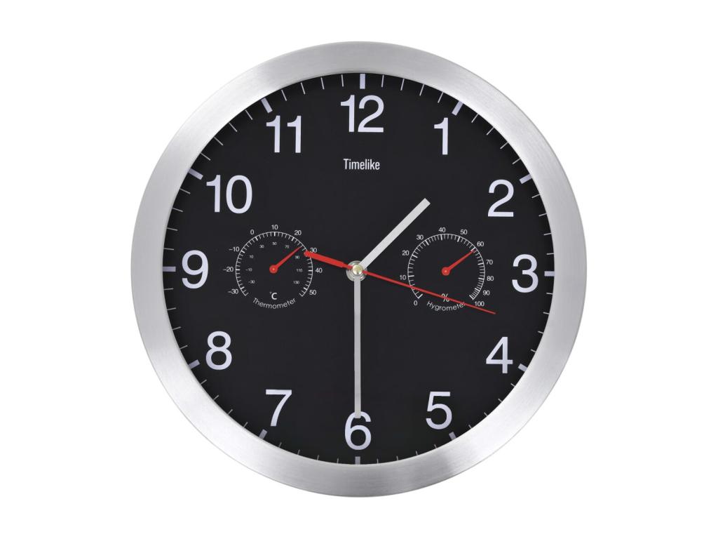 Reloj de pared de cuarzo Higrómetro y termómetro 30 cm Negro