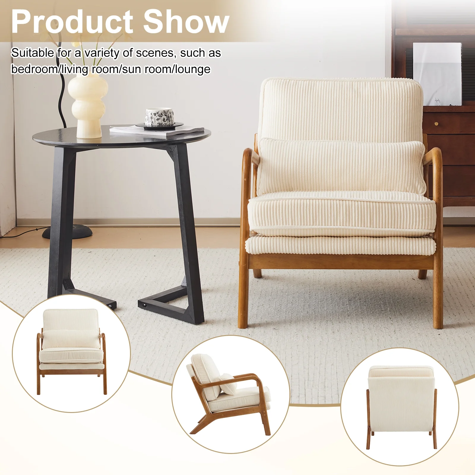 Ktaxon Accent Chair Corduroy Upholstered Armchair, Reading Club Chair with Pillow and Solid Wood Frame for Living Room Bedroom Furniture Off White - Image 10