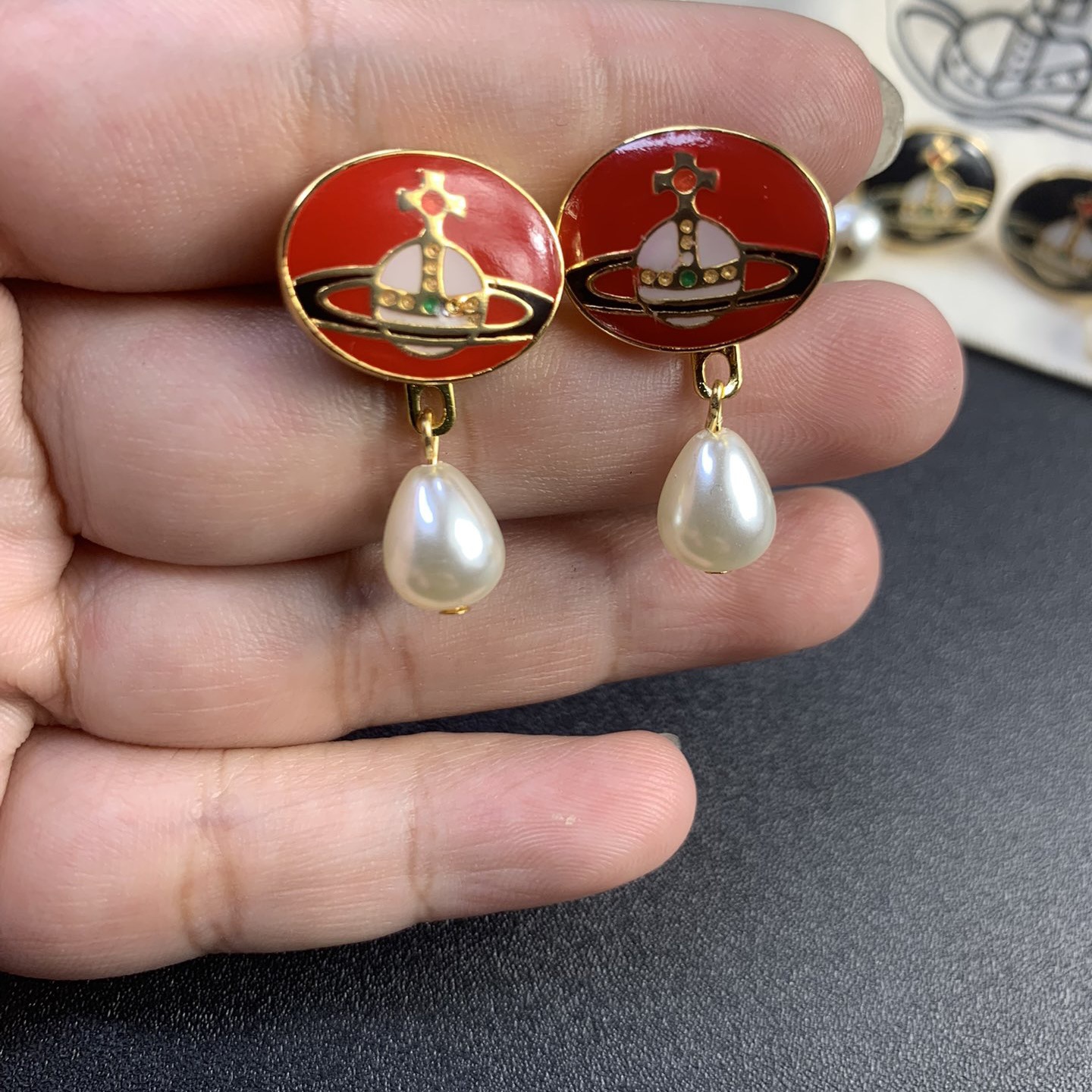 Vivienne Westwood Enamel Detachable  Teardrop Pearl Earrings - Original Replica Club