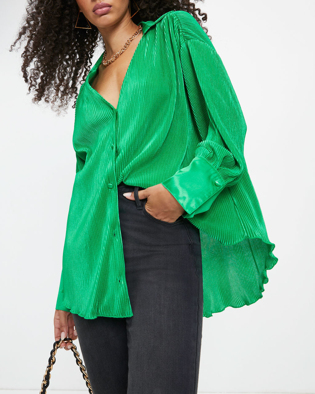 Milan Plisse Button Down Top - Emerald - Se7enfashion