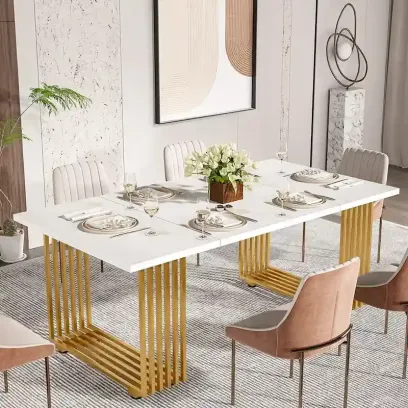 Modern Dining Table with Rectangular Top and Metal Base for 6 to 8 Seating