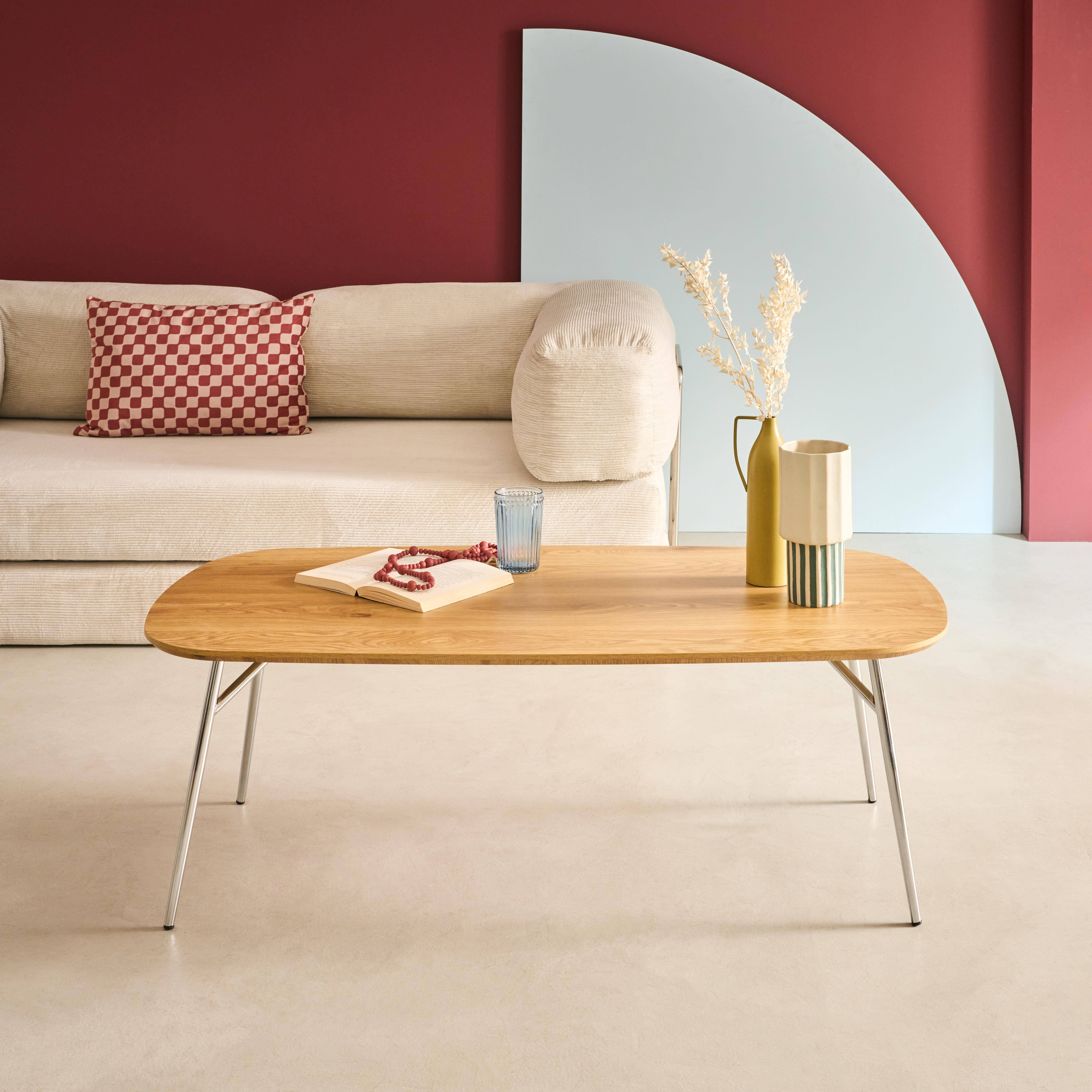 Ezia - Mesa de centro rectangular con patas cromadas y decoración de madera