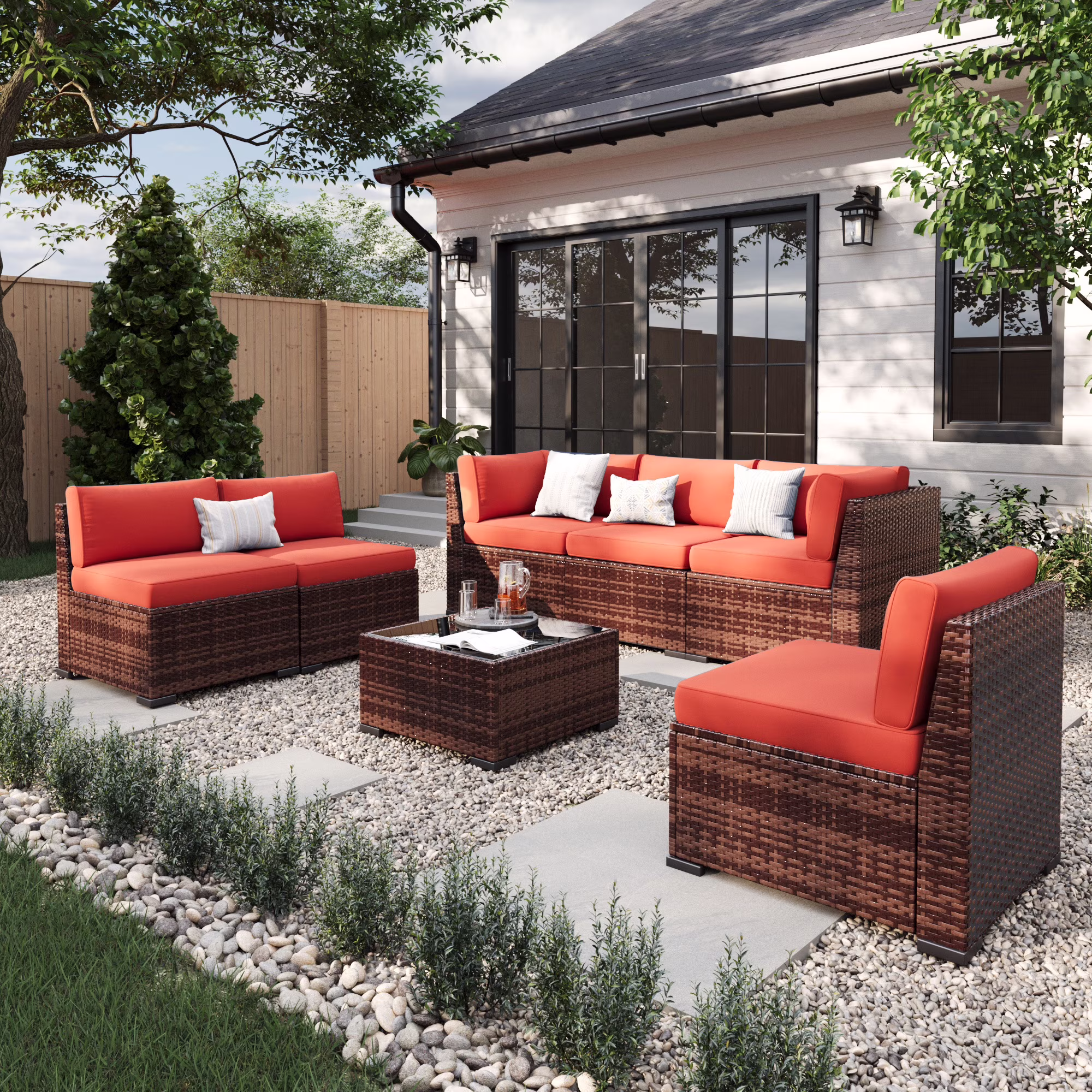 ELPOSUN 7 Pieces Patio Furniture Set, Outdoor Furniture Sectional Rattan Sofa for Backyard Garden Dark Grey - Image 8