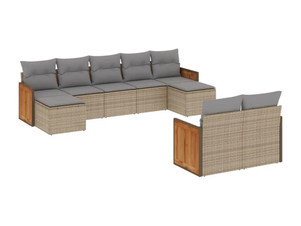 Set de sofás de jardín 9 piezas con cojines ratán sintético beige