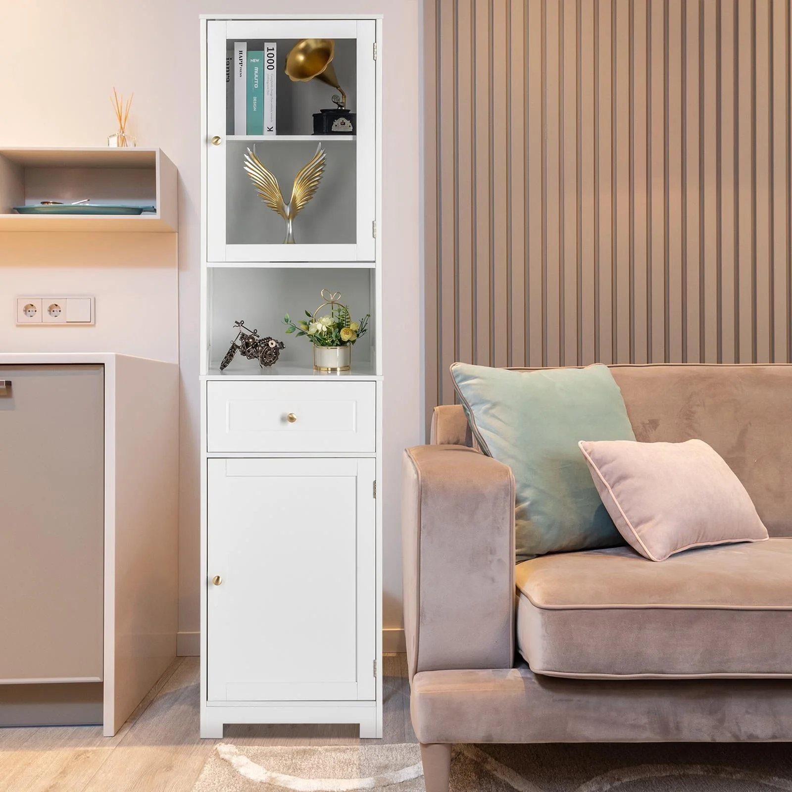 Ktaxon Large Bathroom Tall Storage Cabinet Organizer, Freestanding Line Tower Pantry Cabinet with Adjustable Shelves and 2 Cupboards for Kitchen Living Room Bedroom Office, 18"x13"x71", White - Image 10