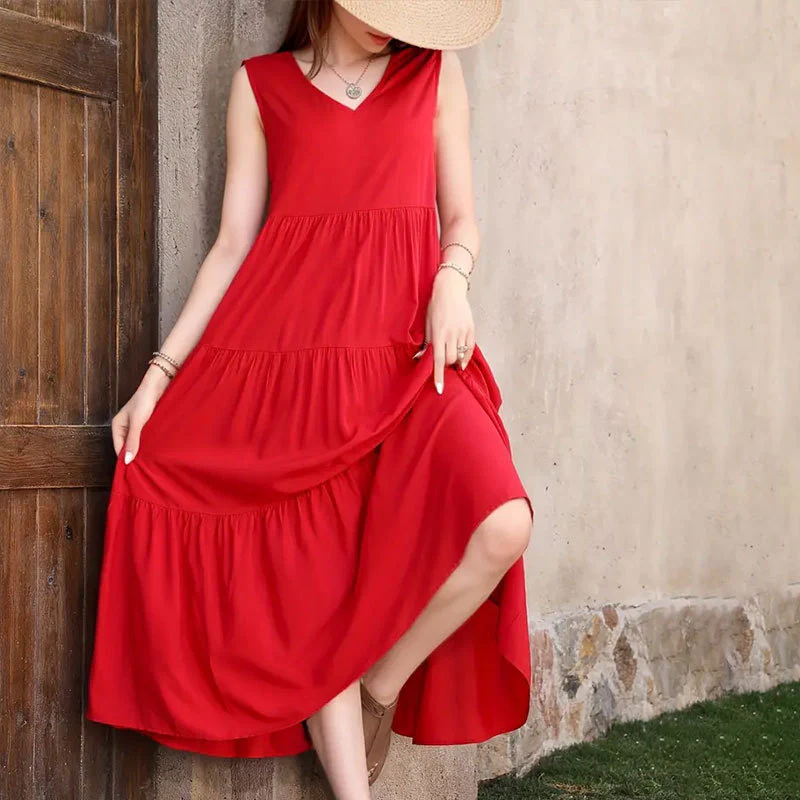 Solid color V-neck layered splicing hem loose dress, cake skirt - Se7enfashion
