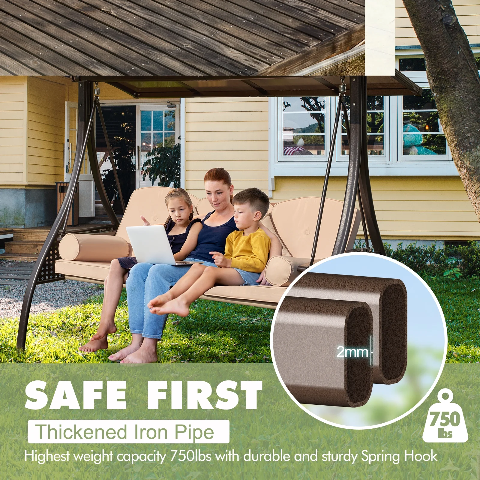 3-Seat Patio Porch Swing with Adjustable Hardtop,3 in 1 Convertible Outdoor Porch Swing for Adults,Patio Swing with Thicken Cushion,Pillows & Cup Holders for Porch,Backyard,Garden (Wine Red) - Image 3