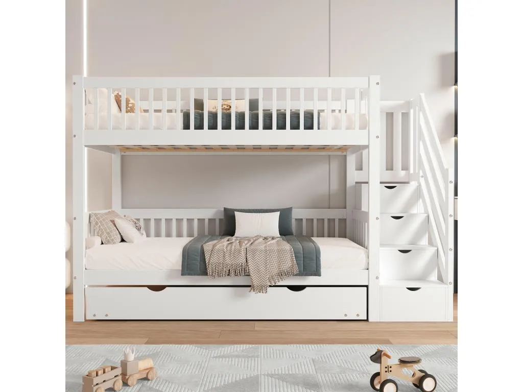 Litera 90x200 cm con cama Prietocasa 90x190 cm - Prietocasa - con escalera almacenaje y barandilla - Blanco