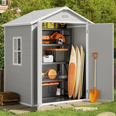 6x4 FT Resin Storage Shed, Lofka Plastic Outdoor Shed with Heavy Duty Floors, 135.6 cu ft, Colorfast, Side Window, Double Lockable Doors for Garden Backyard
