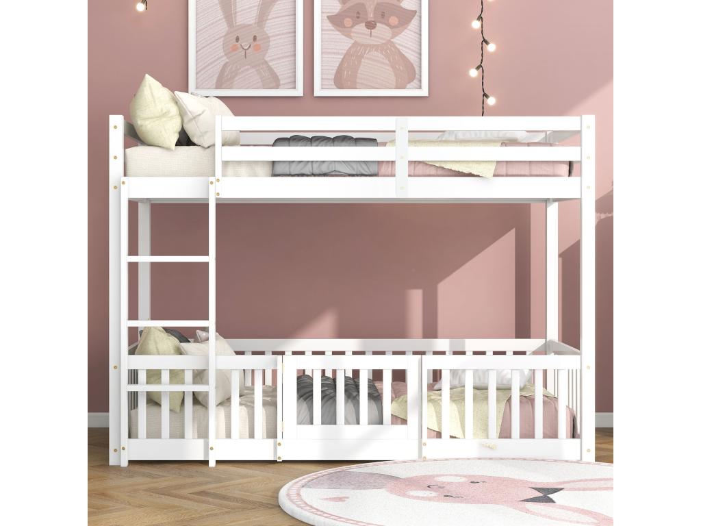 Litera de madera maciza - 90x200 cm - con barandillas de seguridad - Blanco