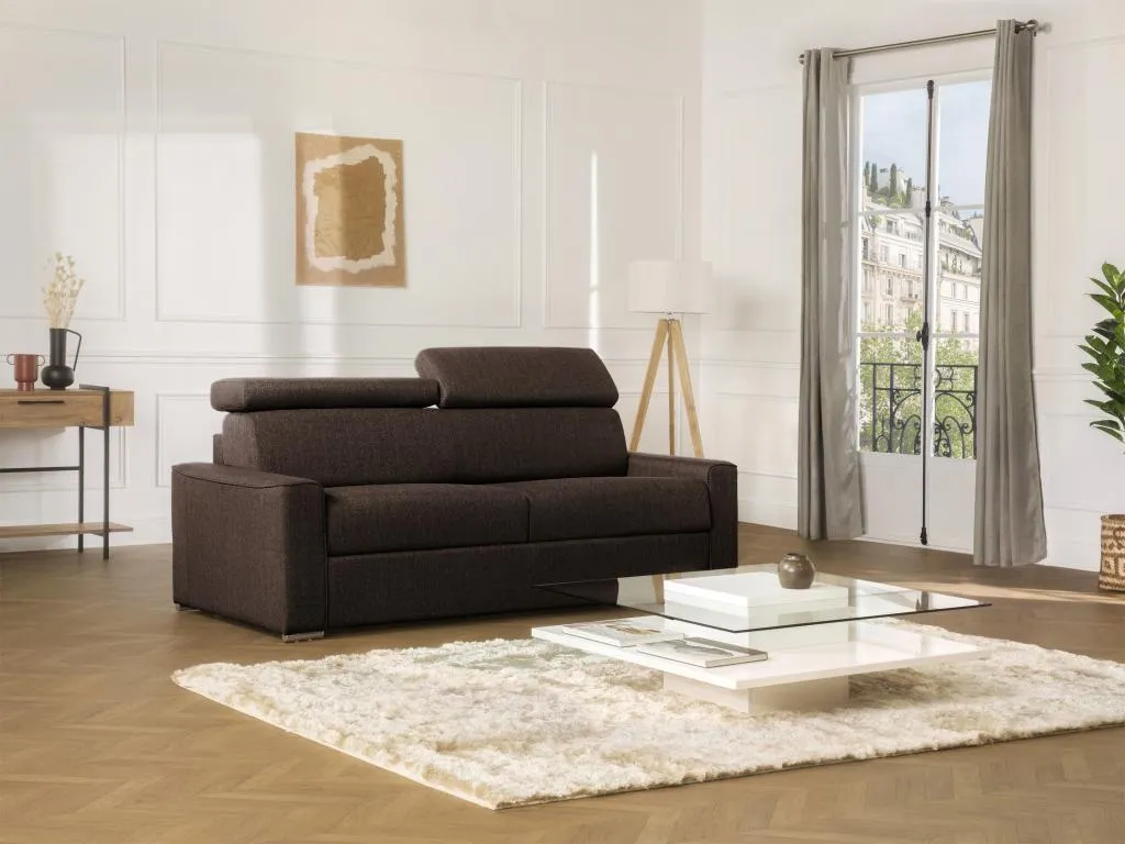 Sofá cama de 4 plazas de tela de apertura rápida Lluesmamuebles - Marrón - Somier de láminas de 160 cm - Colchón de 16 cm con memoria de forma