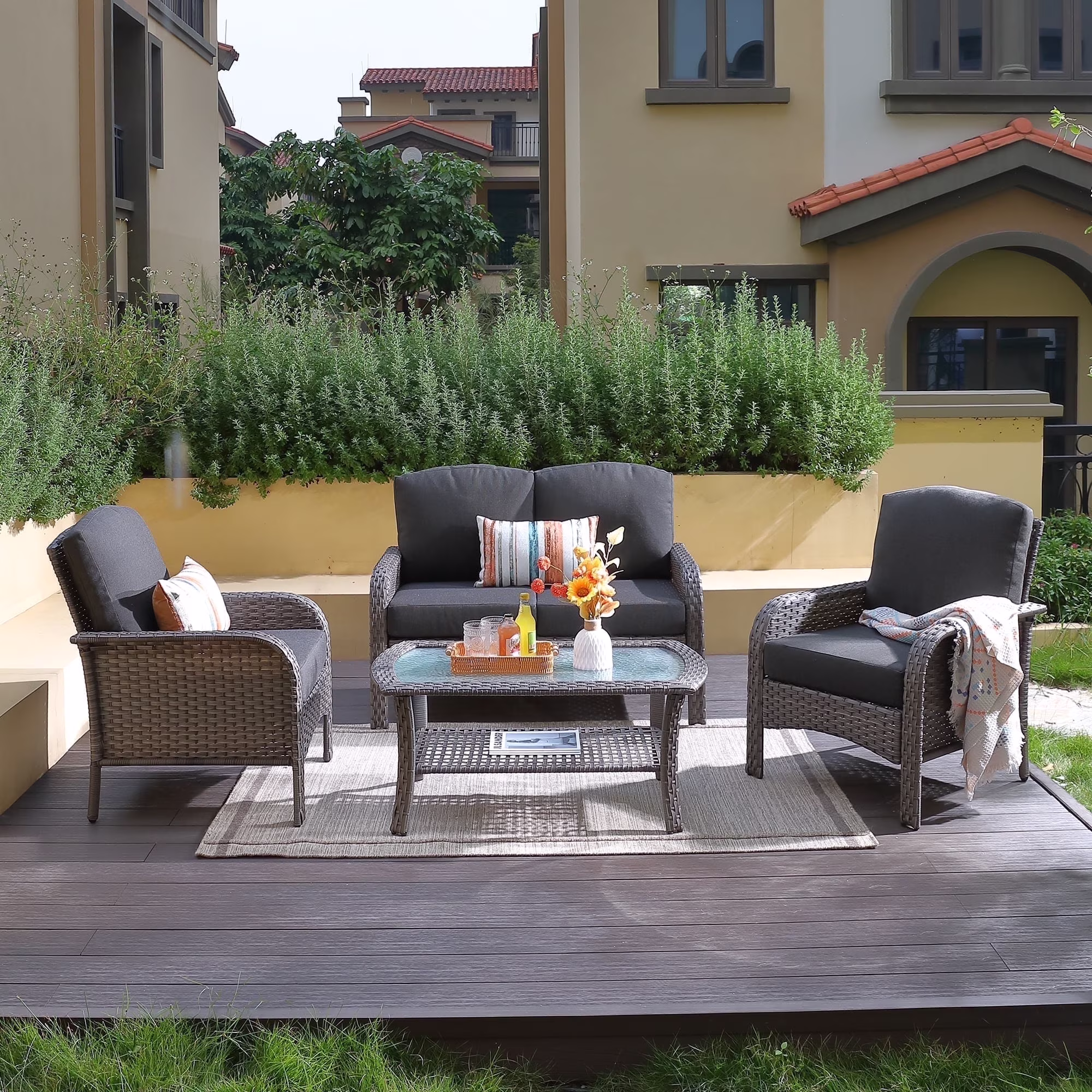 Vcatnet 4 Pieces Outdoor Patio Furniture All-weather Wicker Conversation Set with Coffee Table for Garden,Poolside,Gray - Image 9