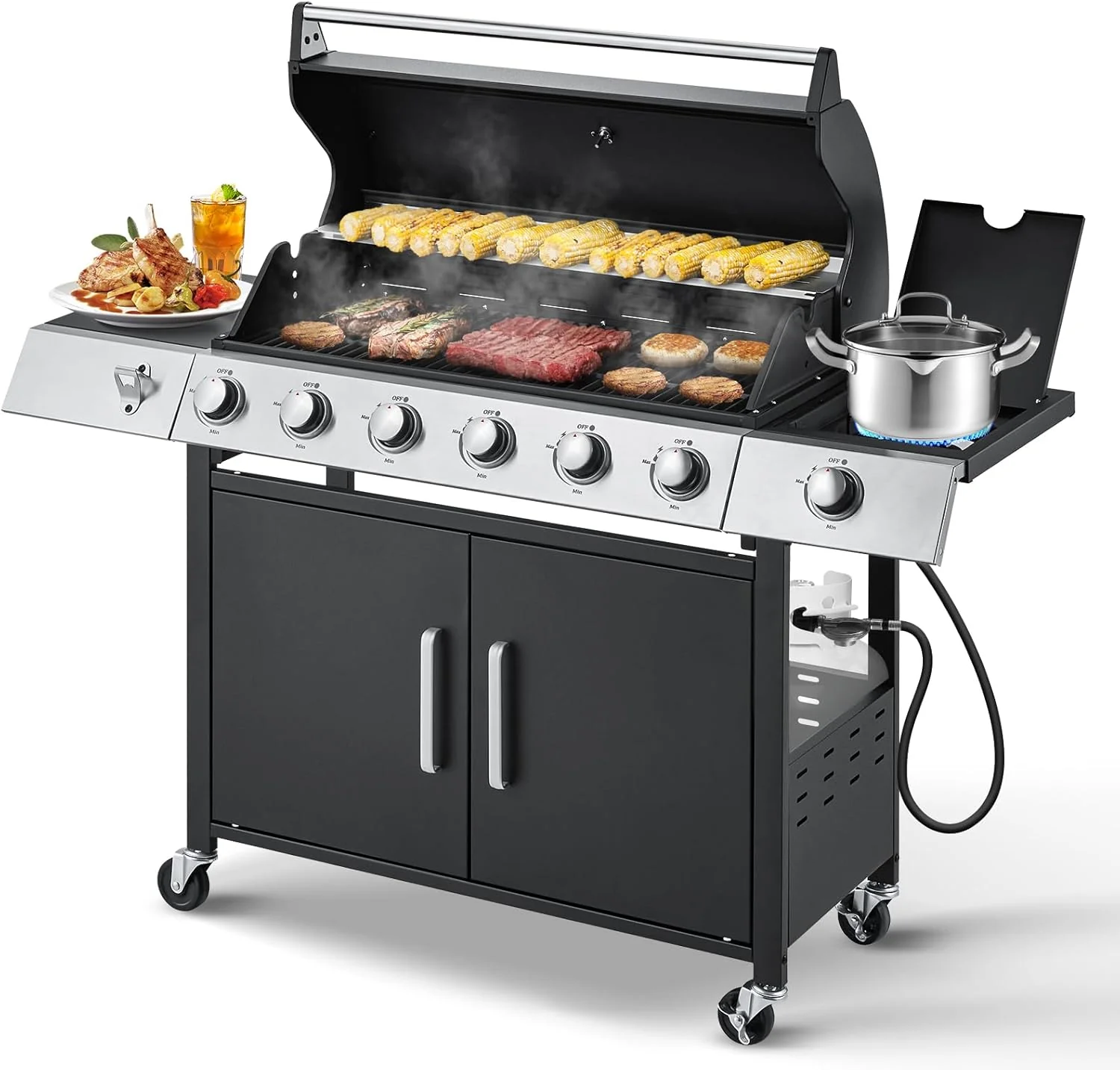 Upgraded 4 Burner BBQ Propane Gas Grill with Cast Iron Grates Side Stove. 44.000 BTU Stainless Steel Burner Barbecue Grill for Patio. Camping. Outdoor Cooking MELLCOM(Upgraded 3+1 Burner)