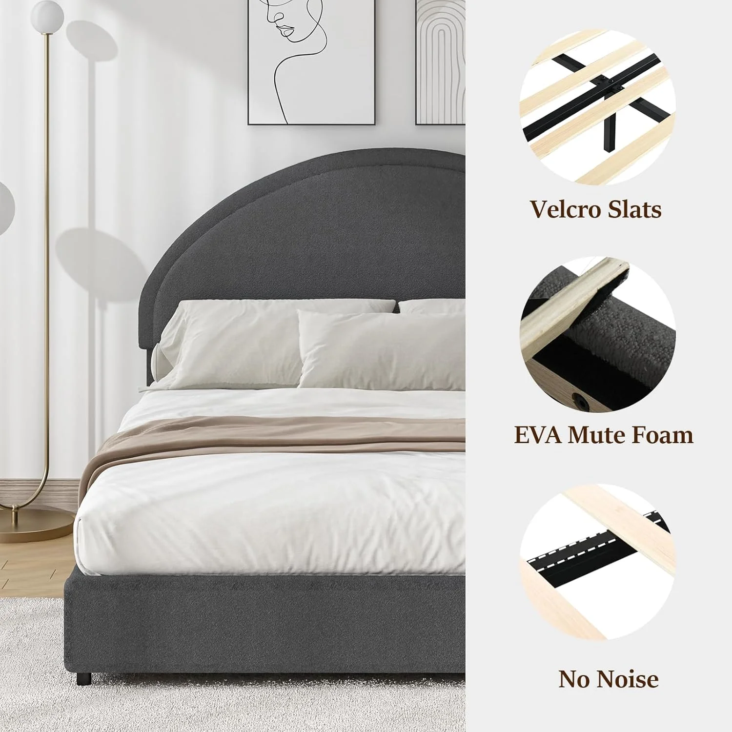 4 EVER WINNER Queen Size Bed Frame, Boucle Upholstered Bed Frame with Headboard, White Queen Bed Frame, White