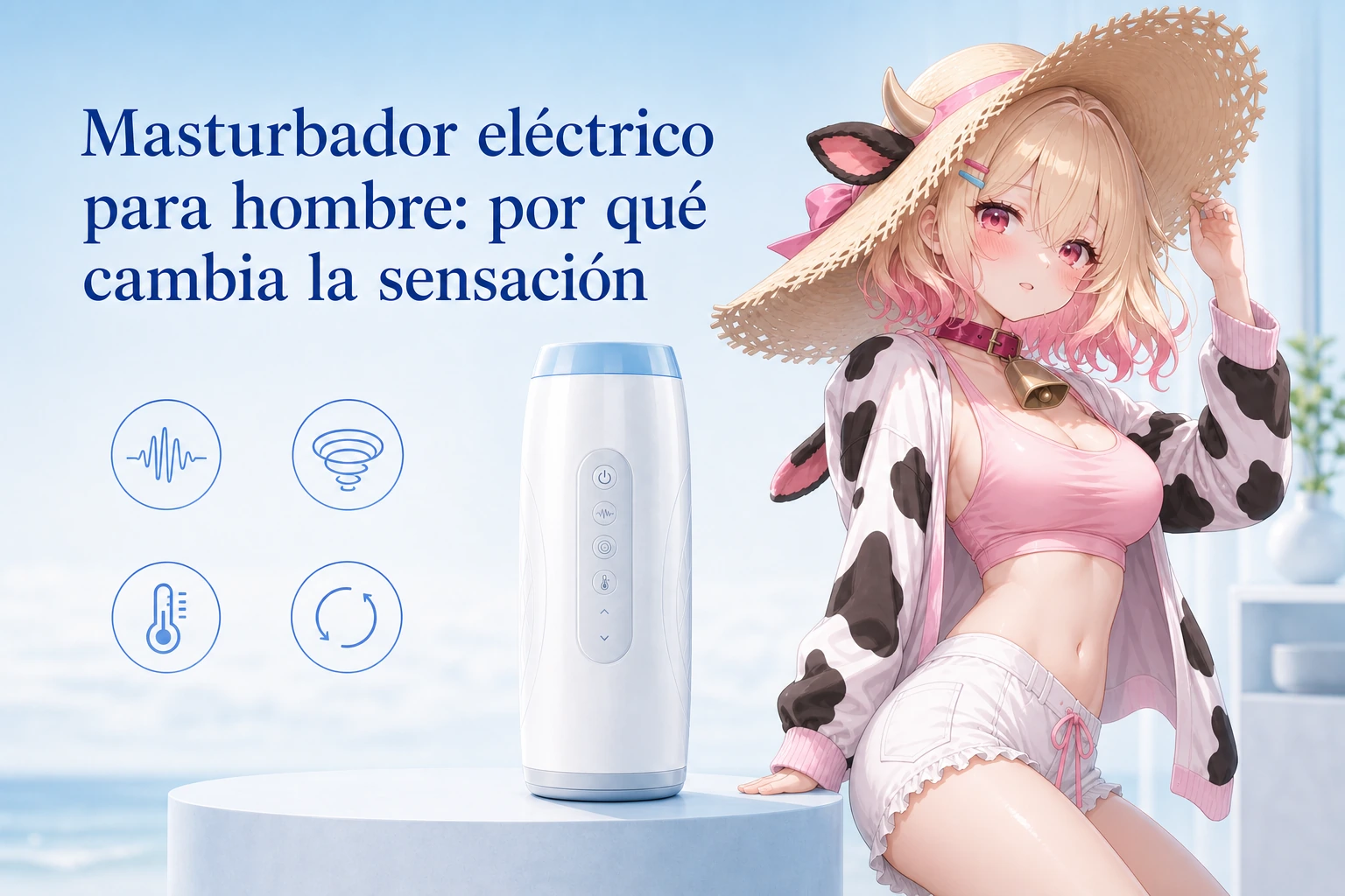 Masturbador eléctrico para hombre con iconos de vibración, succión, calor y movimiento