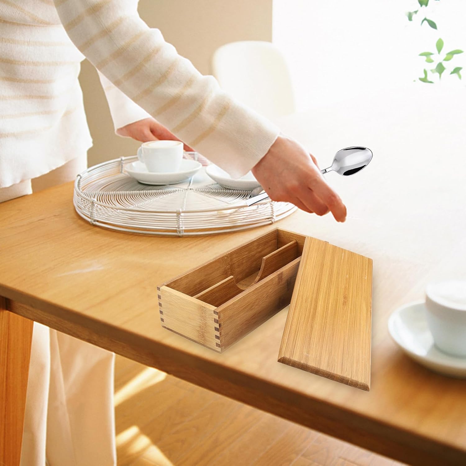 Chopsticks Storage Box with Lid - Bamboo Silverware Storage Utensil Drawer Organizer - Japanese Chopsticks Boxes with Lid - Cutlery Box Utensil Holder Container for Home Kitchen