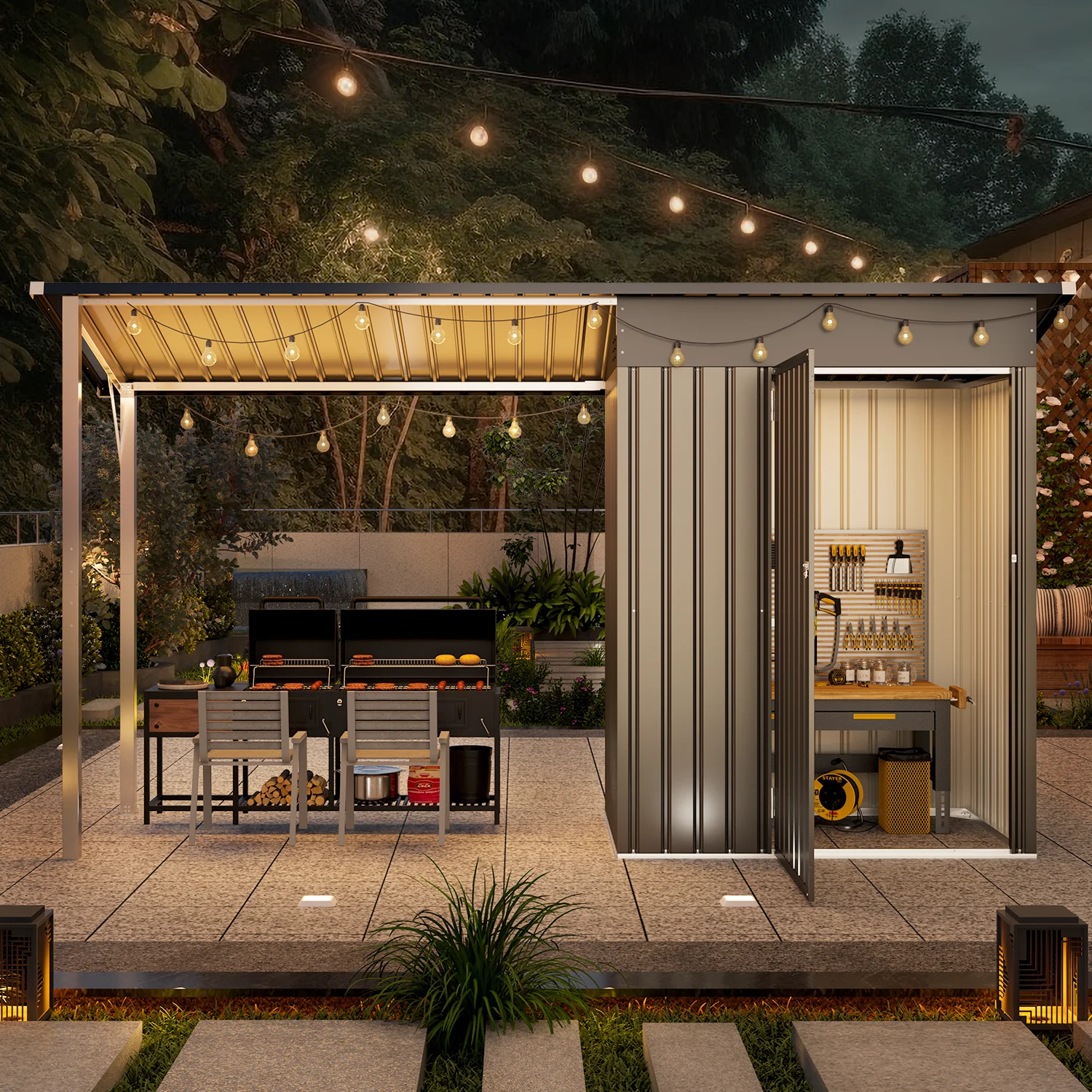 YODOLLA Outdoor Open-Sided Storage Shed, 3x5 Sheds & Outdoor Storage with 15 Sq. Ft Covered, 5x3 Small 2-in-1 Tool Shed with Attached Hardtop Metal Pergola Gazebo - Image 8