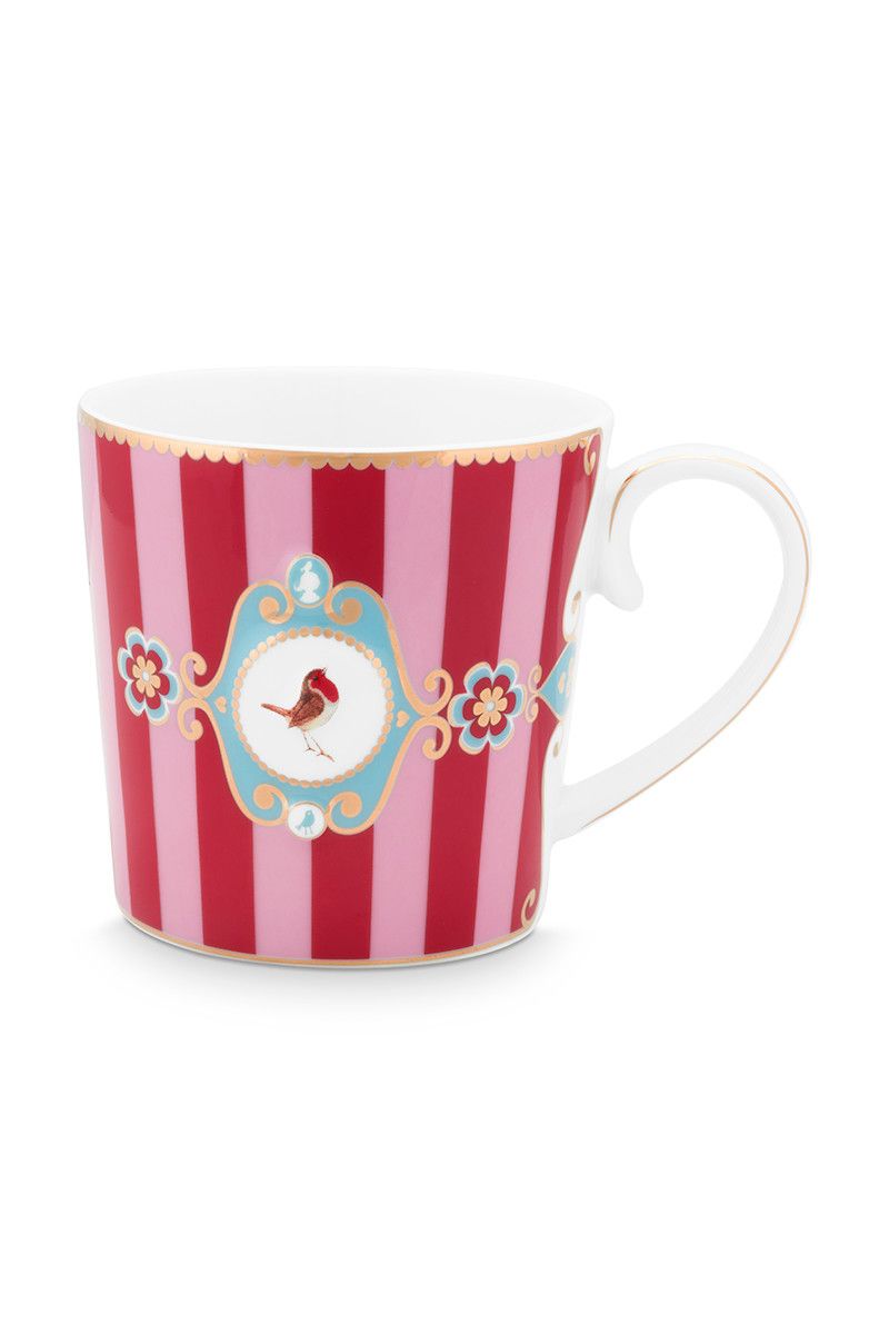 Mug Large Love Birds Medallion Stripes Red-Pink