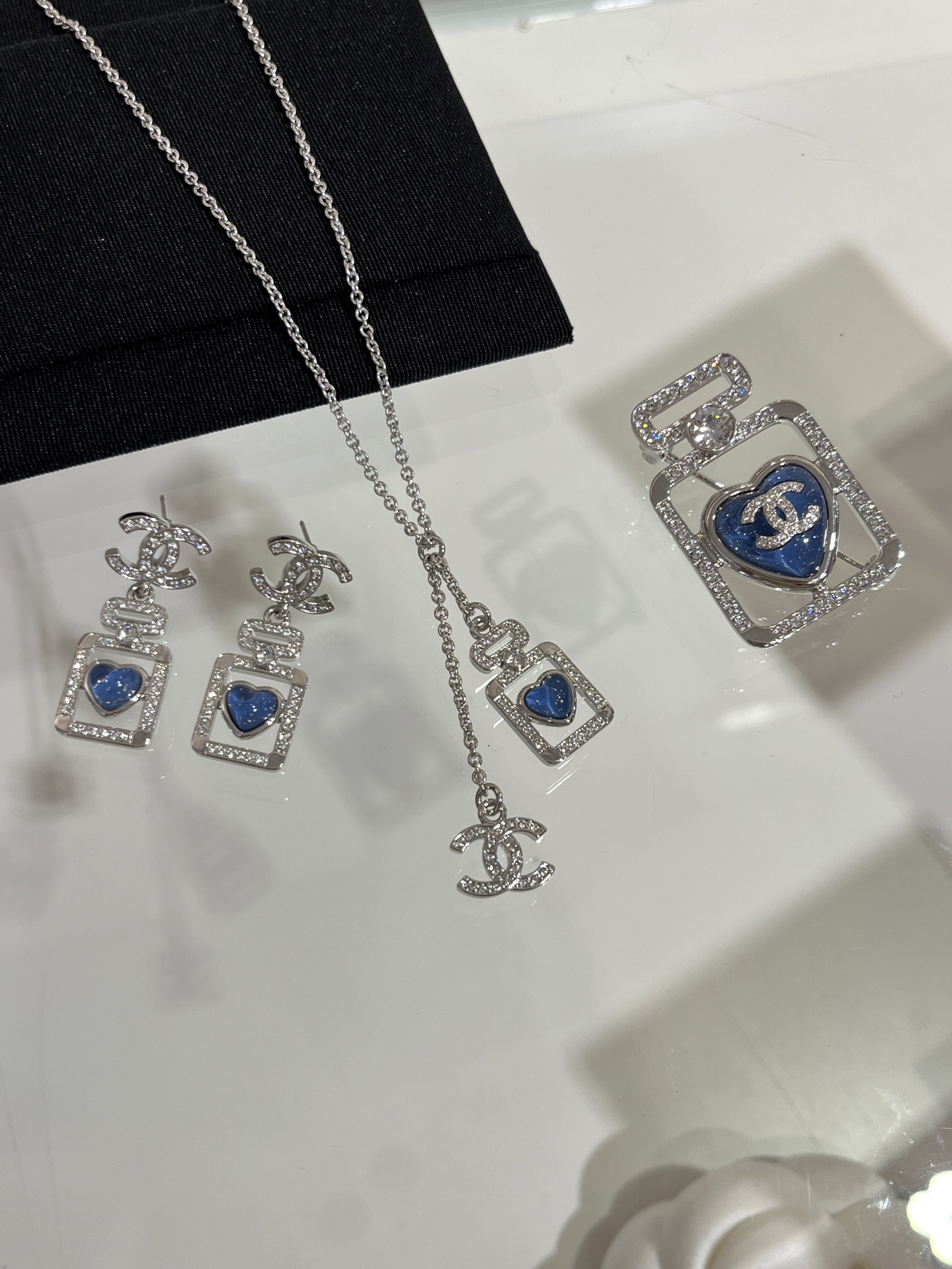 Chanel Heart Blue Crystal Perfume Bottle Earrings Brooch Necklace in Silver-tone - Original Replica Club