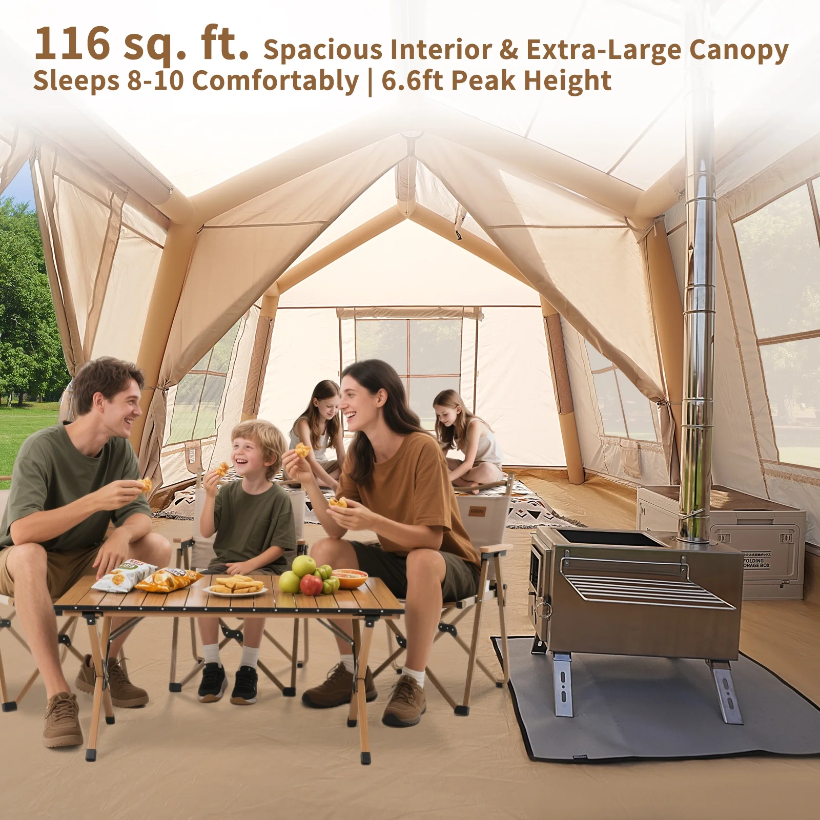 Lilypelle 4-6 Person Blow Up Inflatable Tent with Stove Jack, Hot Tent for Camping with Hand Pump, Waterproof Inflatable Camp Tent with Mesh Windows, Easy Setup Glamping Inflatable House - Image 29