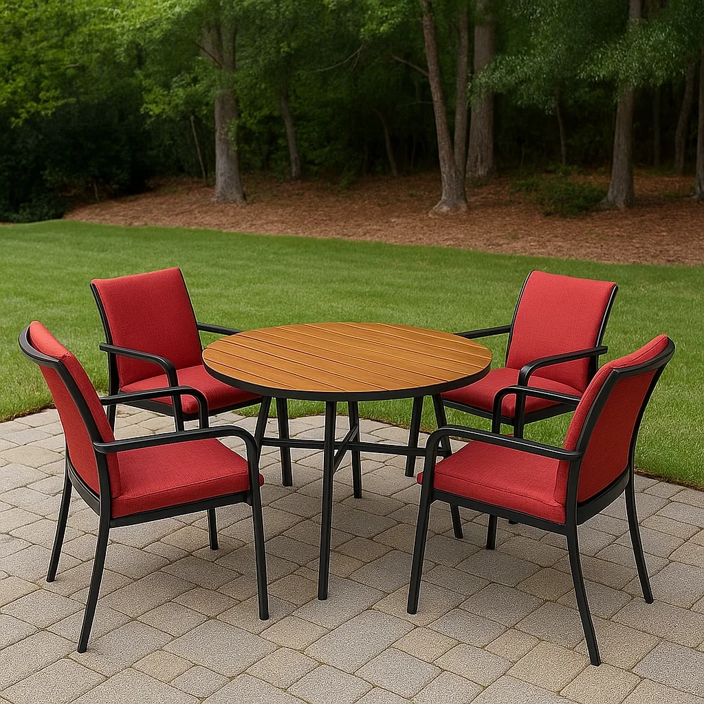 Mesa y sillas de jardín 4 plazas,aluminio y madera marrón y rojo,conjunto redondo,mesa diámetro 90x72 cm,silla 58x60x88 cm,exterior terraza jardín - nXtTEJB1sDo8