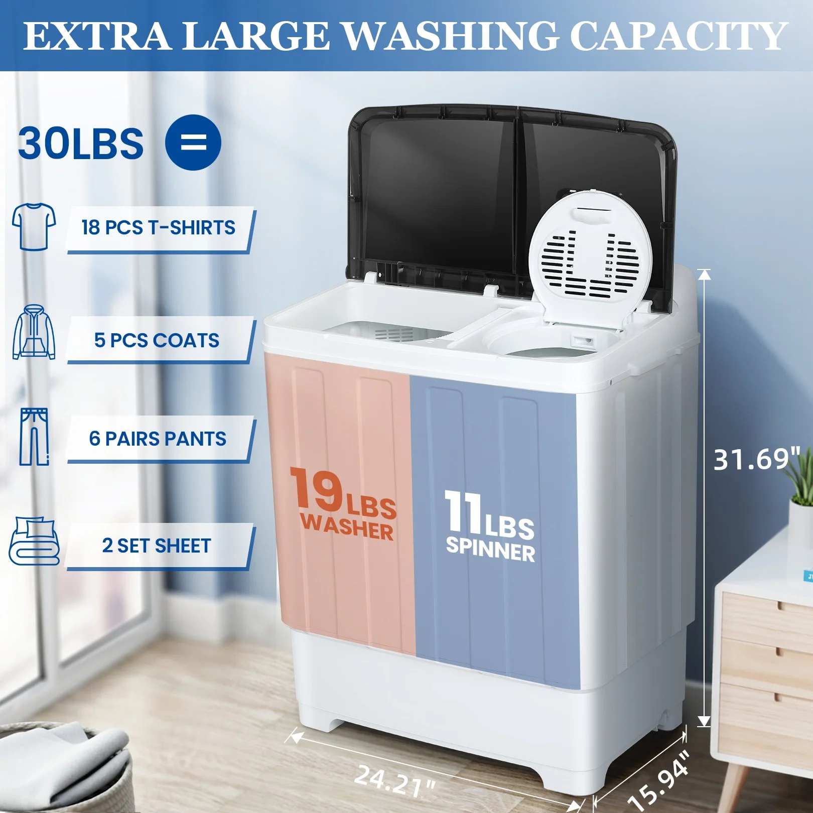 Qhomic Portable Washer 30lbs, 2-in-1 Twin Tub Washer & Dryer Combo Compact Semi-Automatic Washing Machine with Drain Pump, Black - Image 17