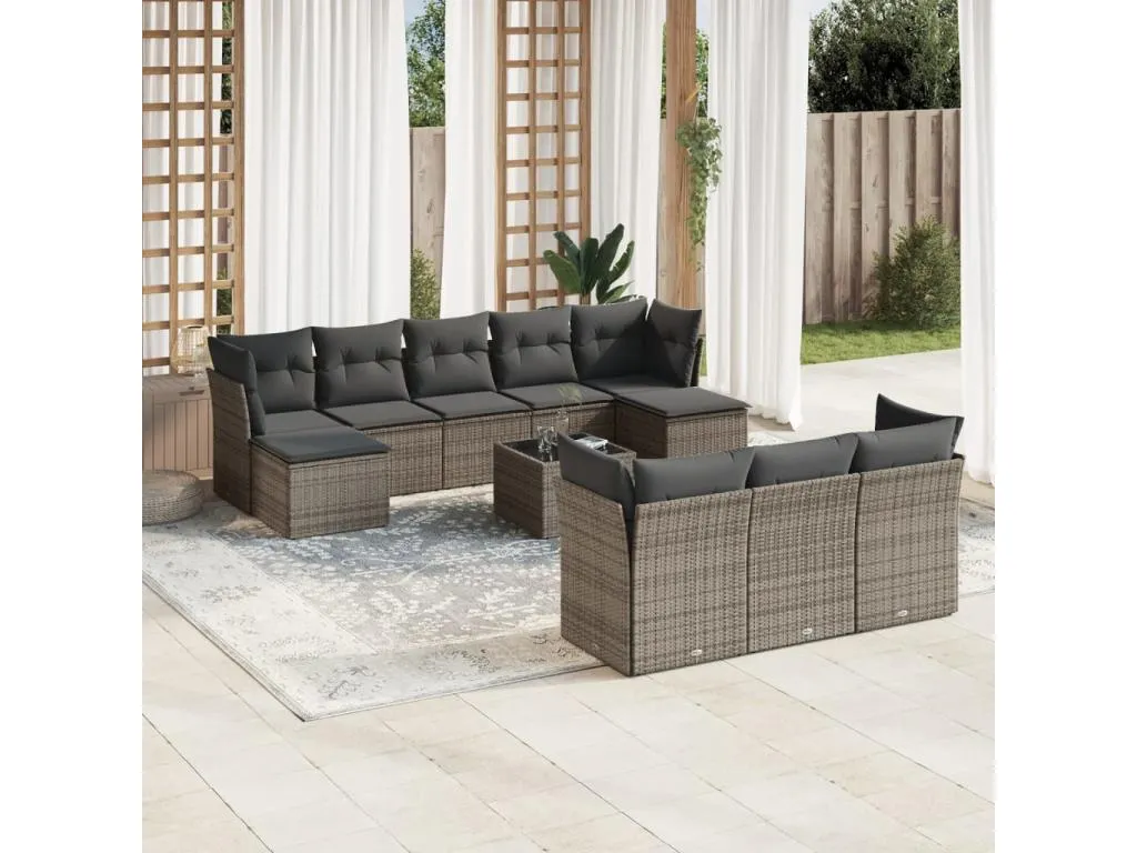 Set de sofás de jardín 11 pzas y cojines ratán sintético gris GBPU96227