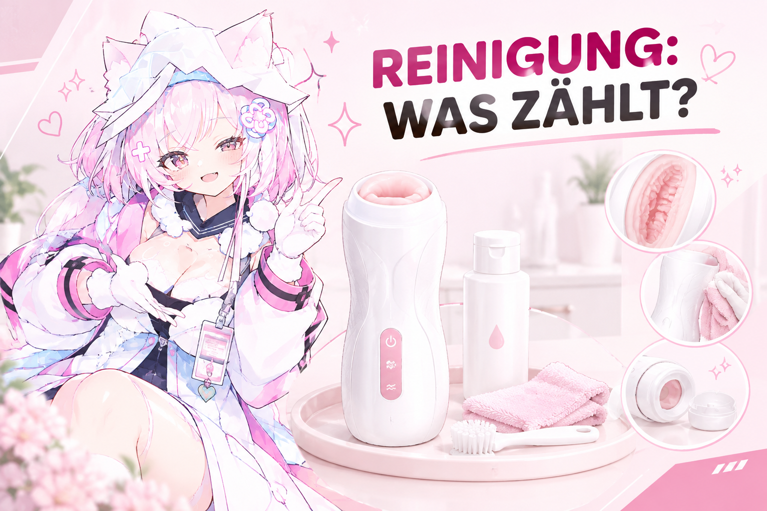 Masturbator mit sichtbarem Innenkanal und Pflegezubehör auf hellem rosafarbenem Hintergrund